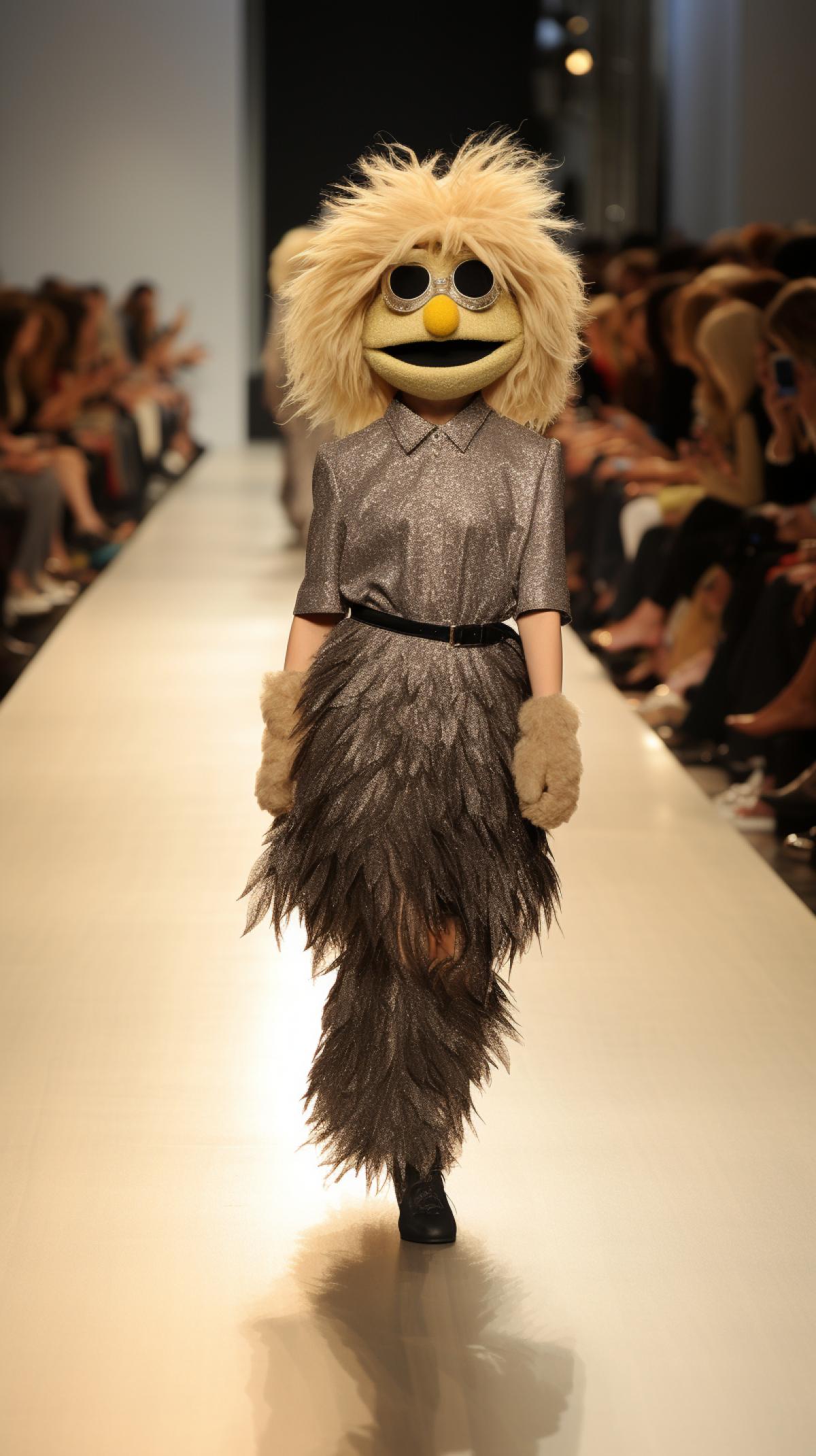 high end fashion runway model muppet in action walking down the catwalk.