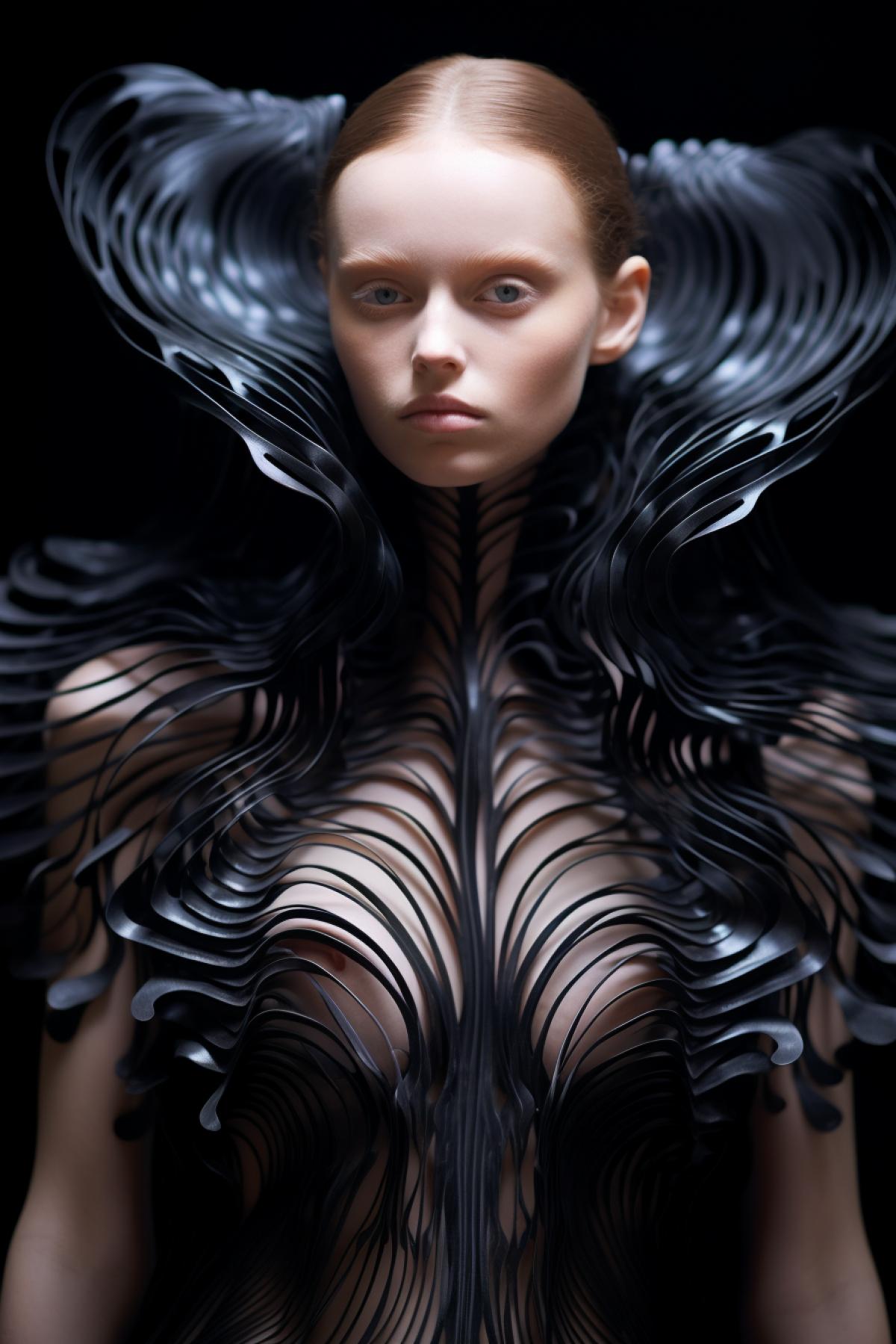 Decadence fashion style, top model, beautiful performance, design clothes, full body, extravagant, photorealistic, professional fashion photo, epic, dramatic, dynamic, Iris van Herpen