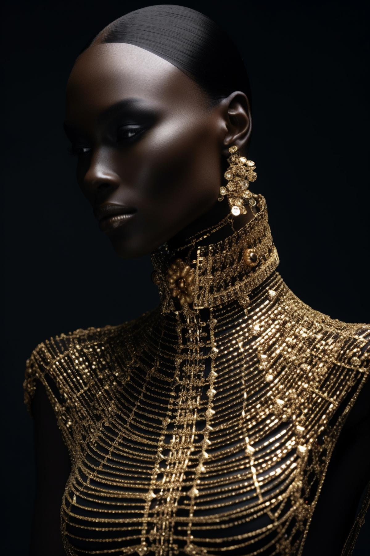 photography, Fashion week, Versace 2023 fall haute couture jewelry fashion collection, Fendi clothes on fashion ebony model with super smooth skin, dark white-gold outfit, Fashion photography, highly detailed, photo real, dramatic cinematic mood, dark photography studio, photo session, photo real,