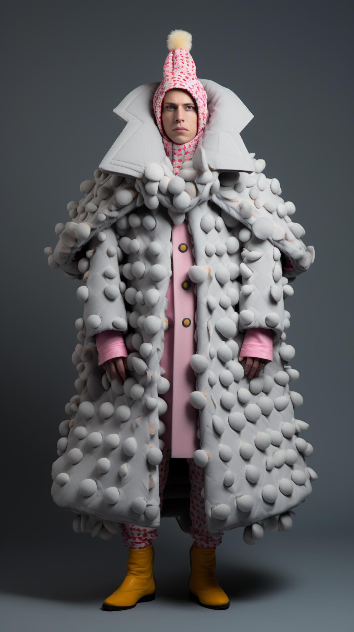 the strangest outfit on earth on a full body model , grey background