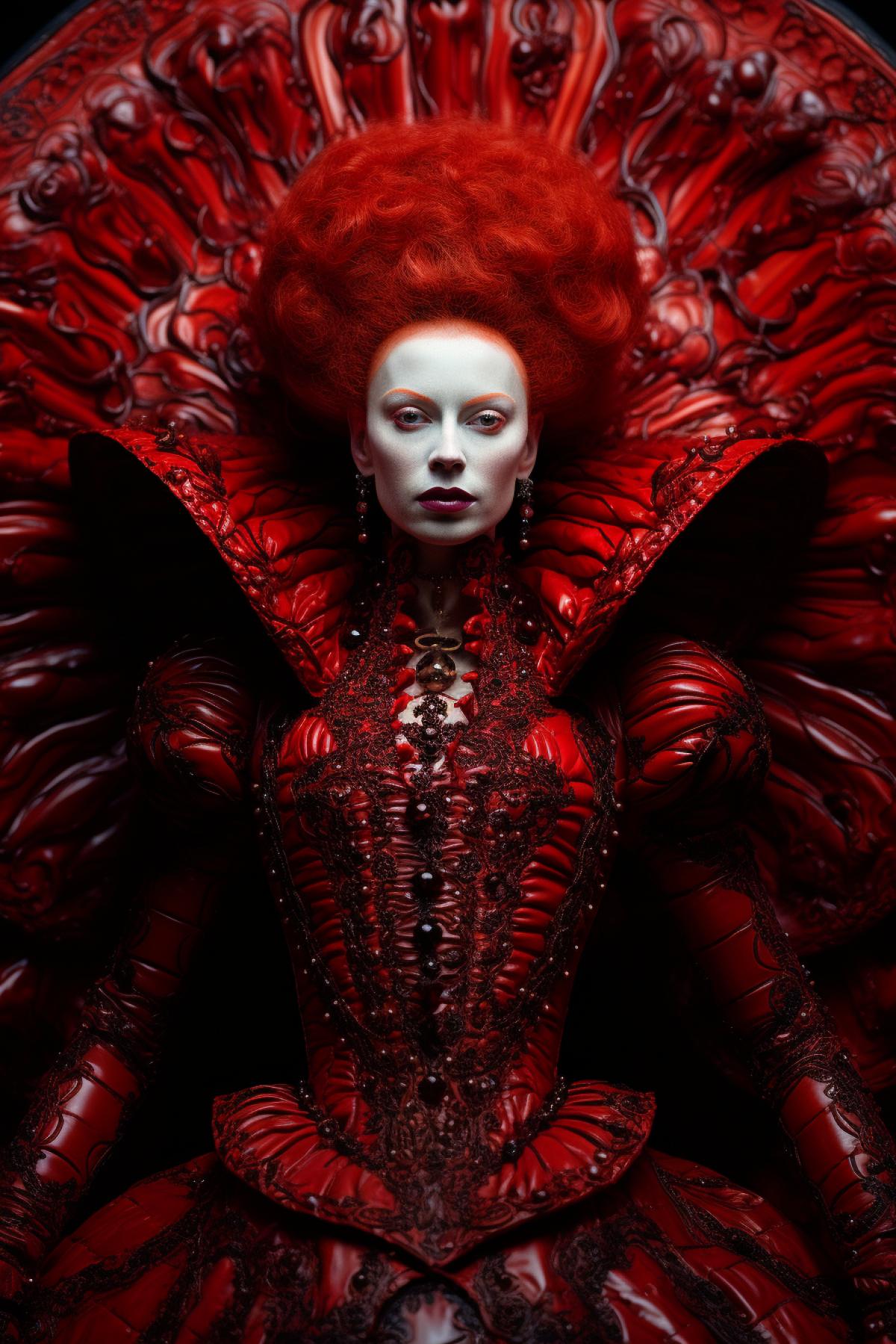 Queen Elizabeth tudor fashion style, red liquid vampire top model, beautiful performance, design clothes, full body, extravagant, photorealistic, professional fashion photo, epic, dramatic, dynamic, Alexander McQueen