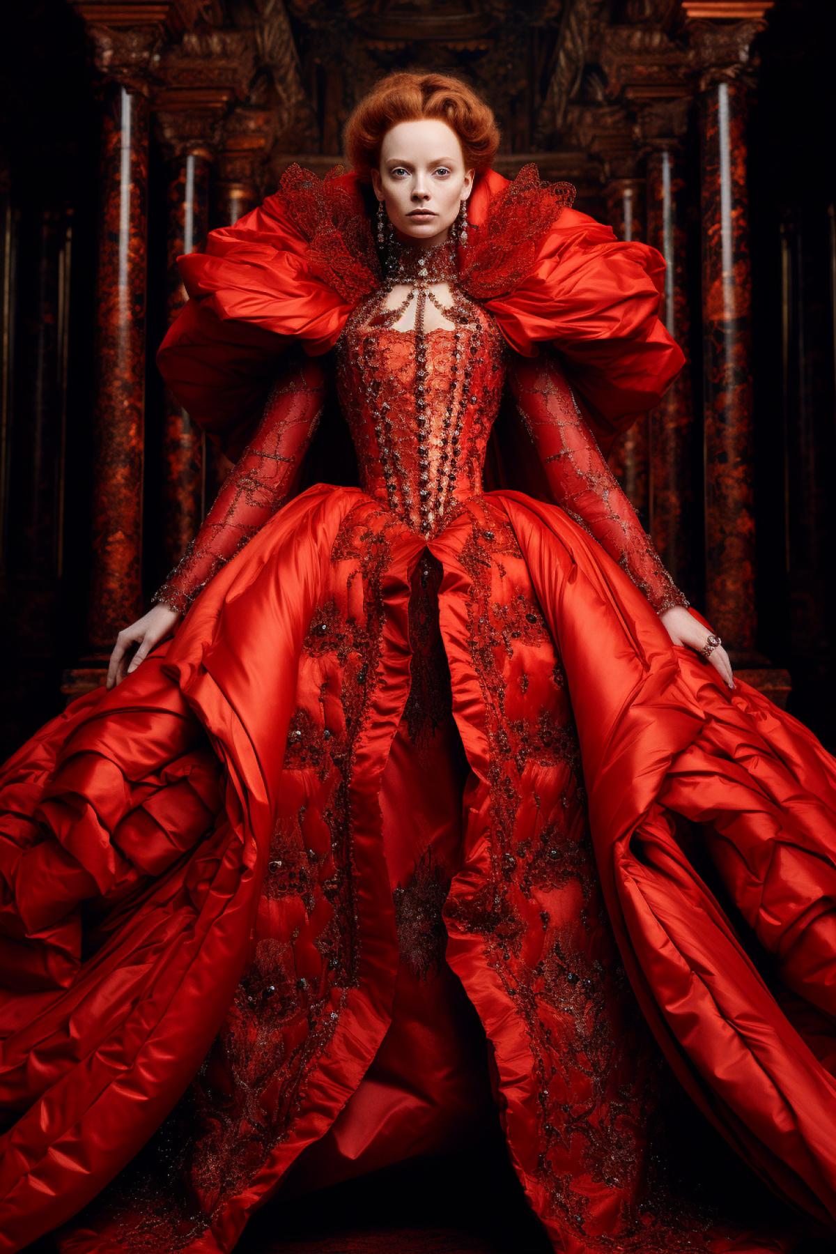 Queen Elizabeth tudor fashion style, red liquid vampire top model, beautiful performance, design clothes, full body, extravagant, photorealistic, professional fashion photo, epic, dramatic, dynamic, Alexander McQueen