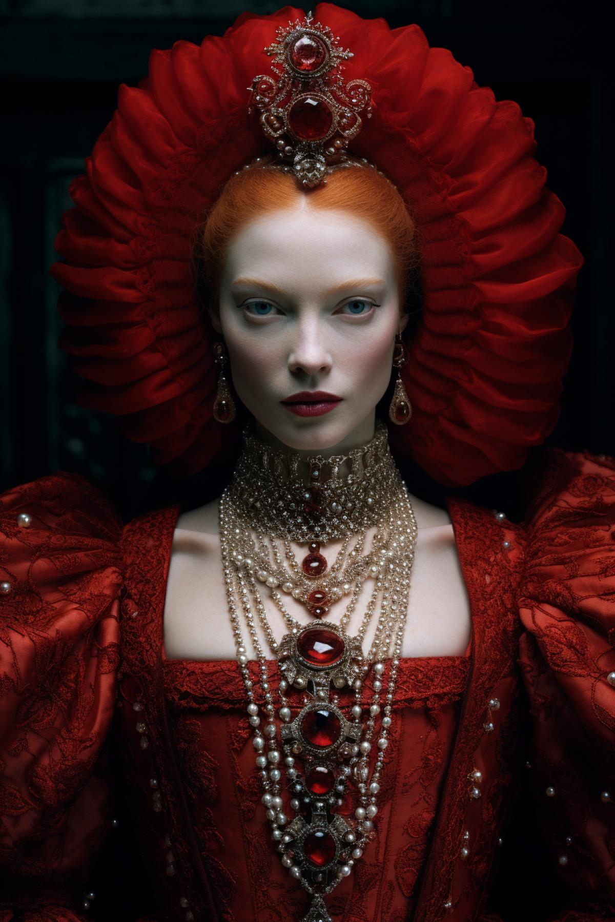 Queen Elizabeth tudor fashion style, red liquid vampire top model, beautiful performance, design clothes, full body, extravagant, photorealistic, professional fashion photo, epic, dramatic, dynamic, Alexander McQueen