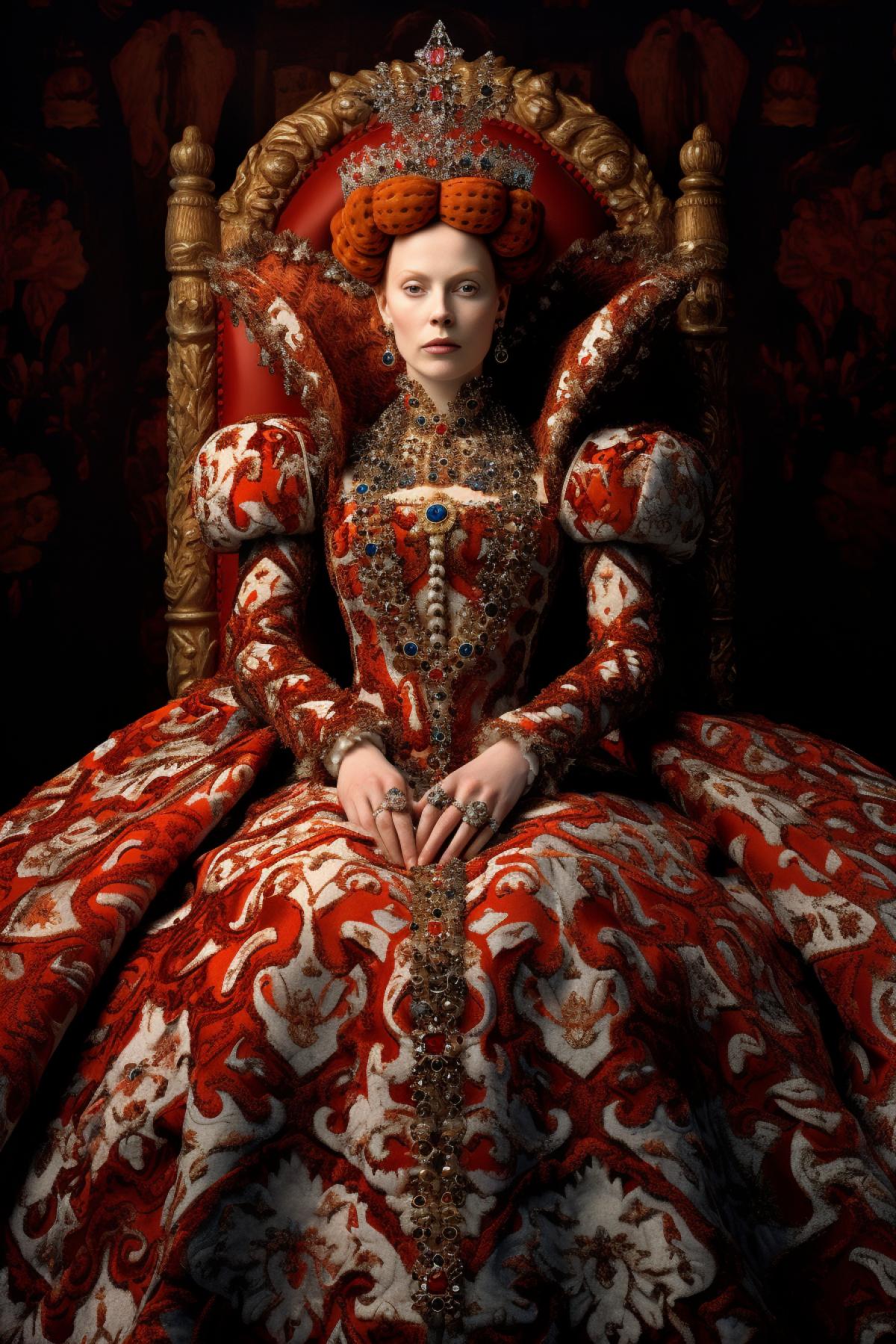 Queen Elizabeth tudor fashion style, top model, beautiful performance, design clothes, full body, extravagant, photorealistic, professional fashion photo, epic, dramatic, dynamic, Alexander McQueen
