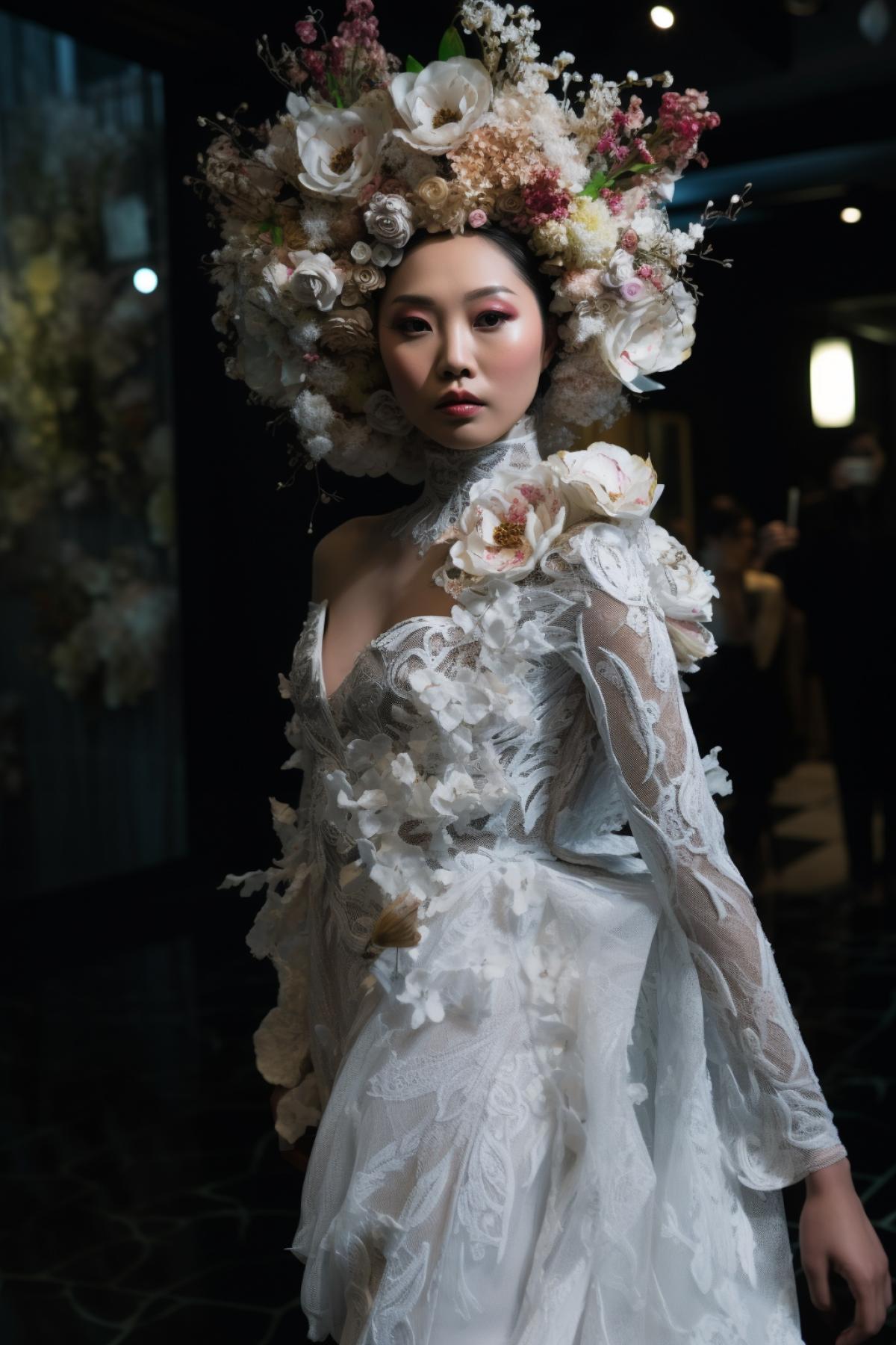 beautiful Asian model in a lush wedding dress, unusual, strange, beautiful, fashion week