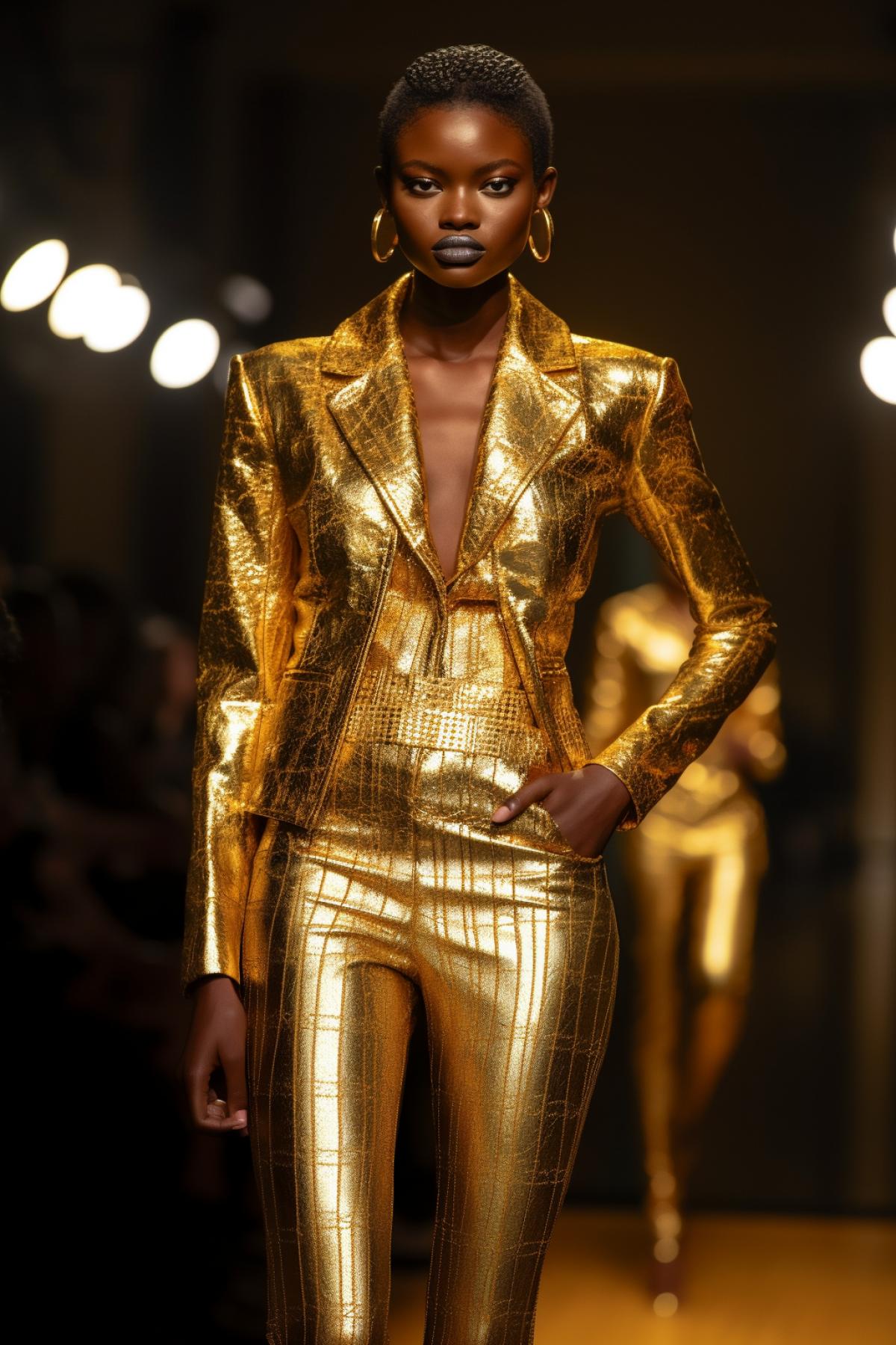 beautiful luxury African-American model in an unusual gold leather suit, Versace style, fashion week