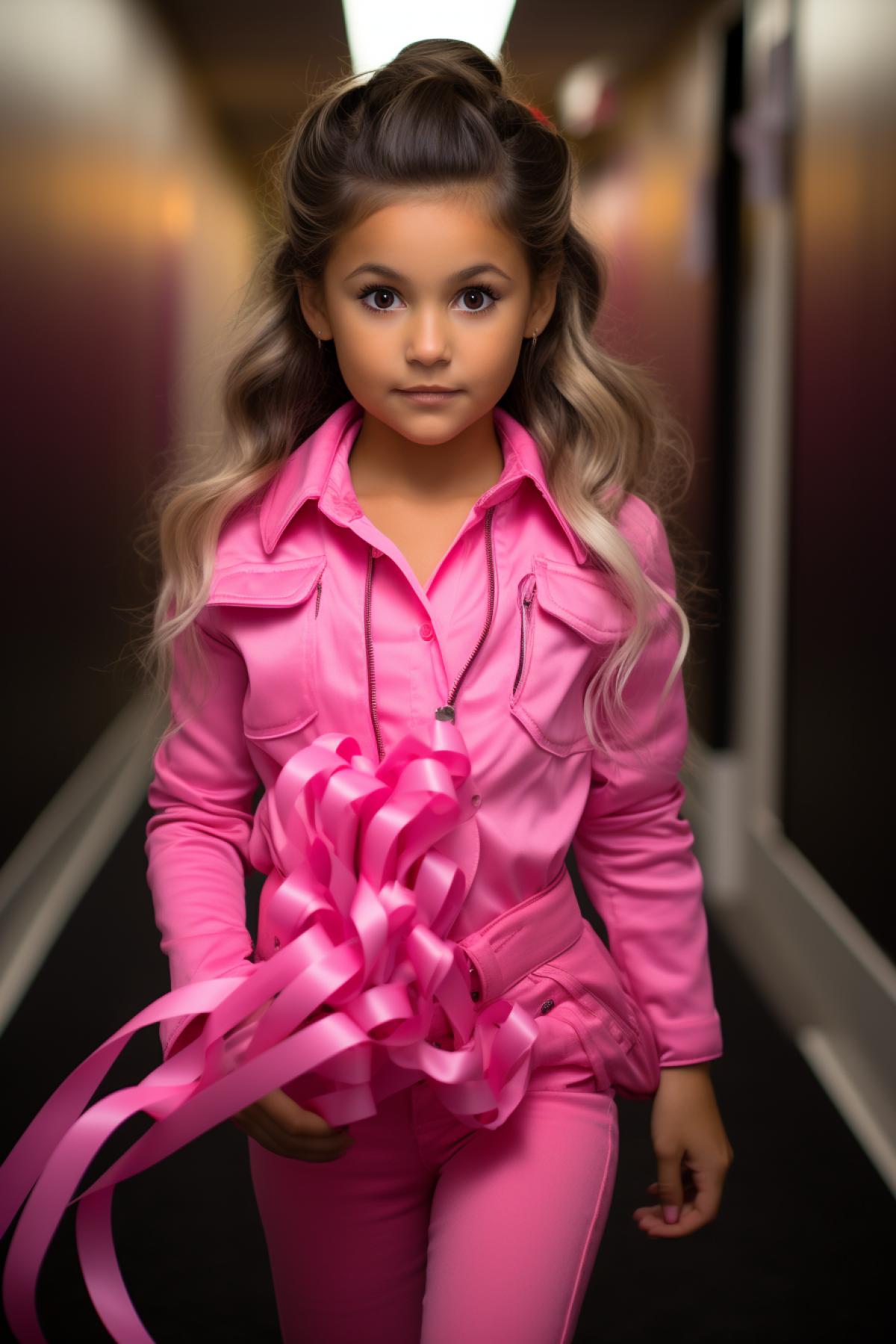 little girl top model, at a fashion show, on the catwalk, demonstrating new fashion items, shooting from floor level, dynamic lighting, colored lighting