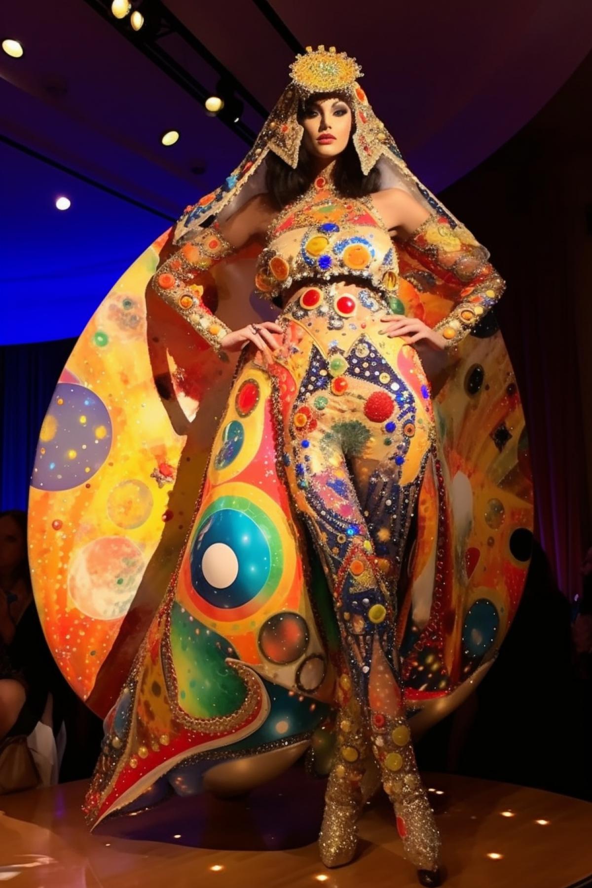 Stylish humanoid alien girl very cute and beautiful model walks down the catwalk showing off her exquisite extravagant exotic space outfit high space fashion fashion show