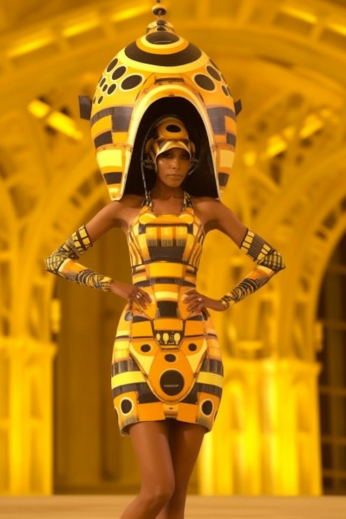 Stylish humanoid alien girl very cute and beautiful model walks down the catwalk showing off her exquisite extravagant exotic space outfit high space fashion fashion show