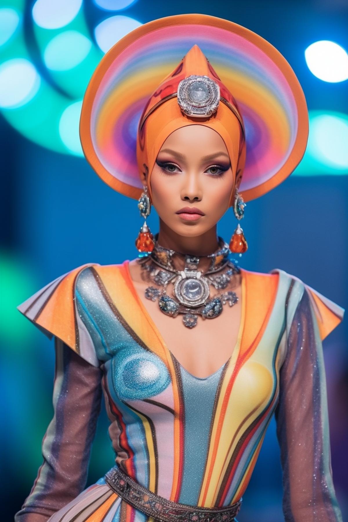 Stylish alien girl very cute and beautiful model walks down the catwalk showing off her exquisite extravagant exotic space outfit high space fashion fashion show