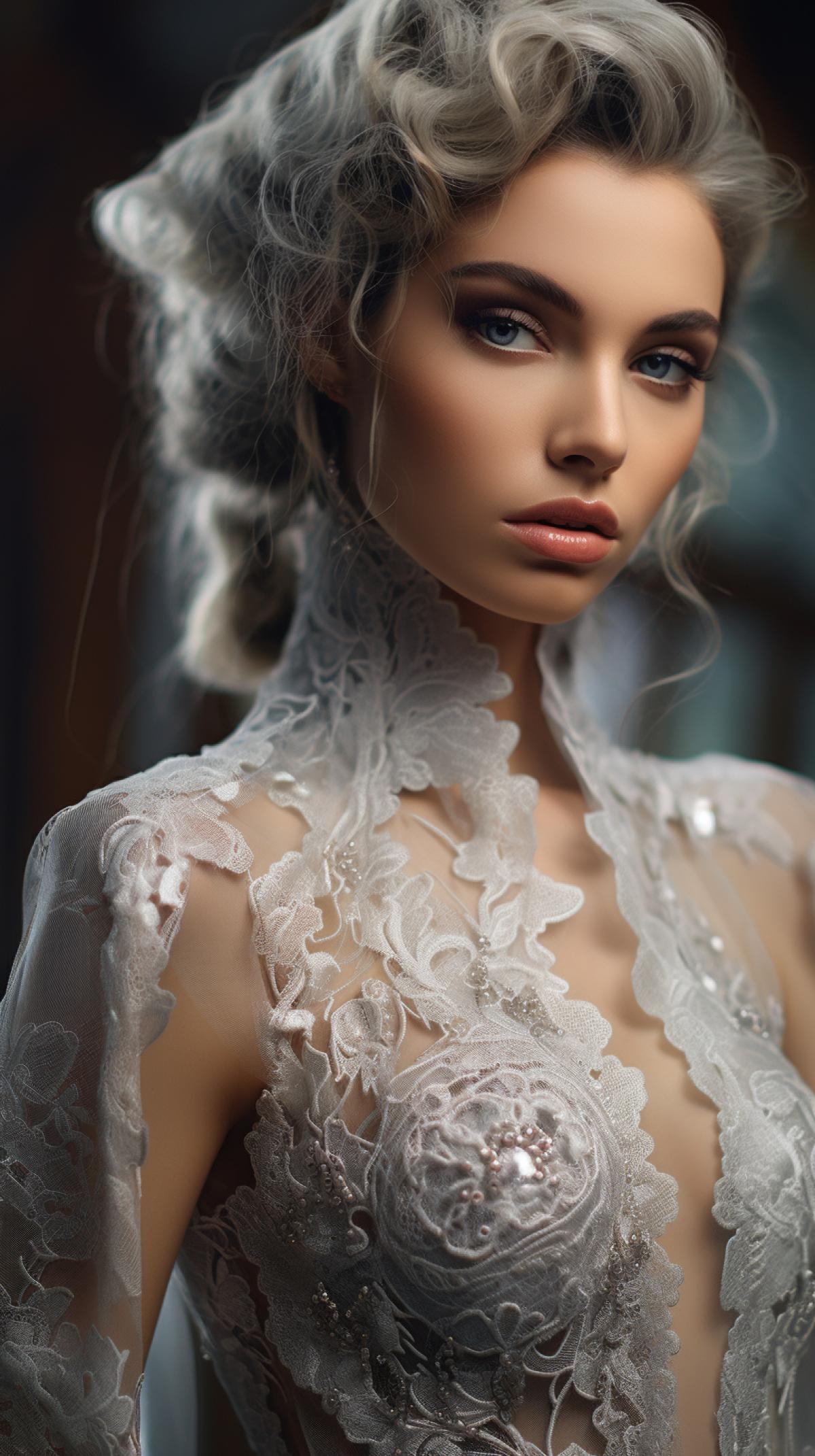 Top model on a haute couture 4k, close-up, Intricate detail, chiffon and lace Silver dress, elegant clothing, in the style of angelcore, neo-victorian