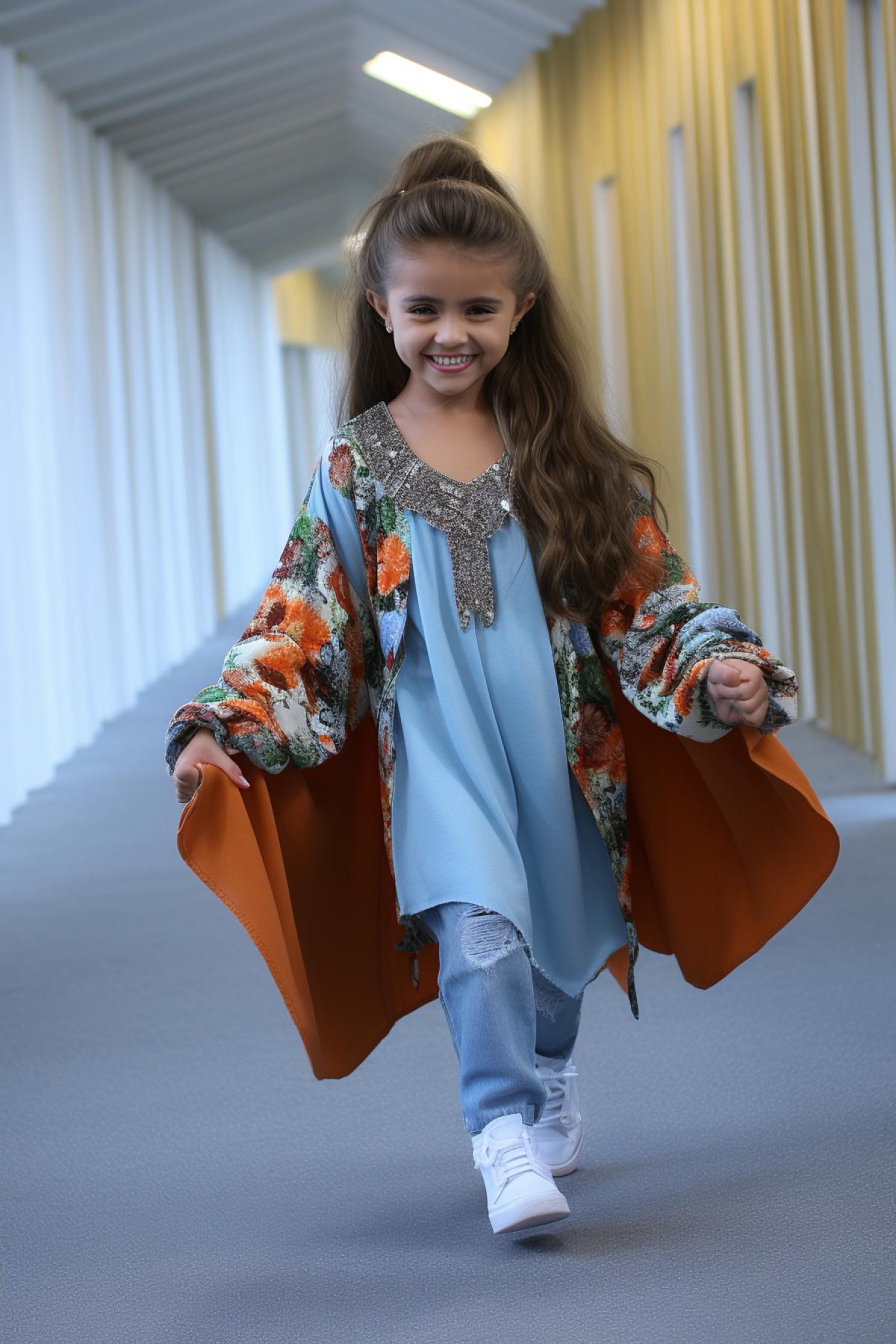 three little girls top models, at a fashion show, on the catwalk, demonstrating bright unusual new fashion items in the Art Nouveau style, photographing from floor level, rows of spectators in the background, shooting from below