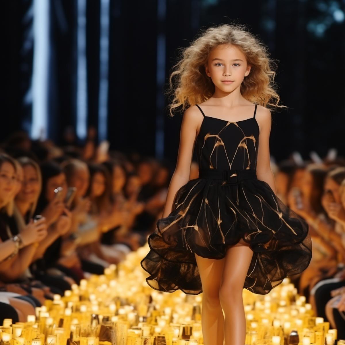 little girl top model, at a fashion show, on the catwalk, demonstrating bright unusual new fashion items, photographing from floor level, rows of spectators in the background, shooting from below