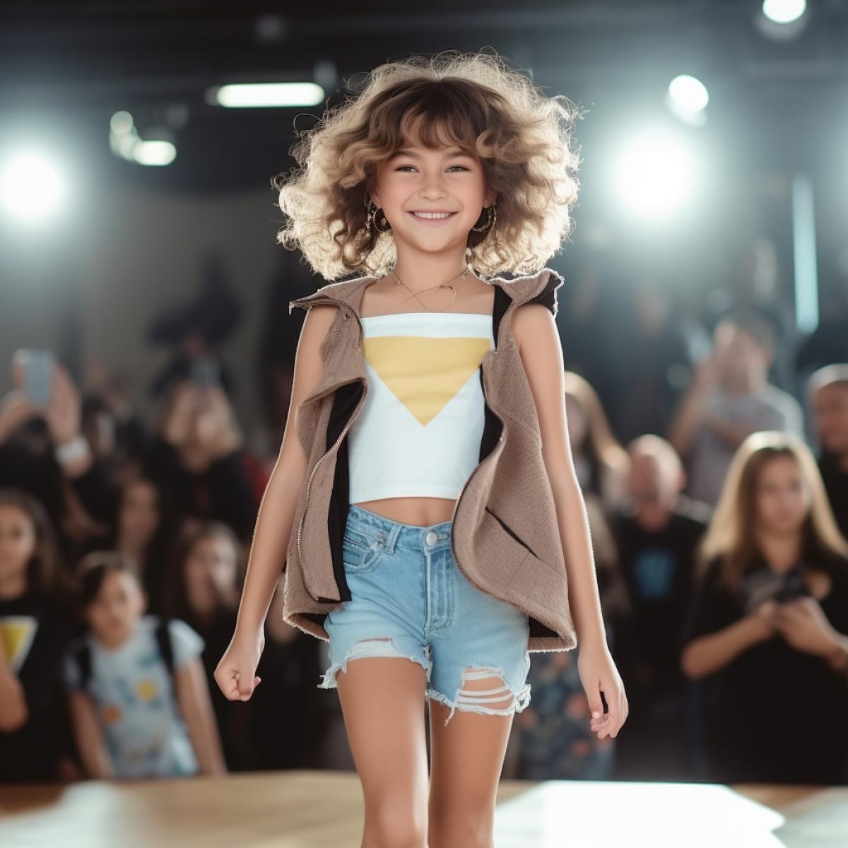 little girl top model, at a fashion show, on the catwalk, demonstrating bright unusual new fashion items, photographing from floor level, rows of spectators in the background, shooting from below