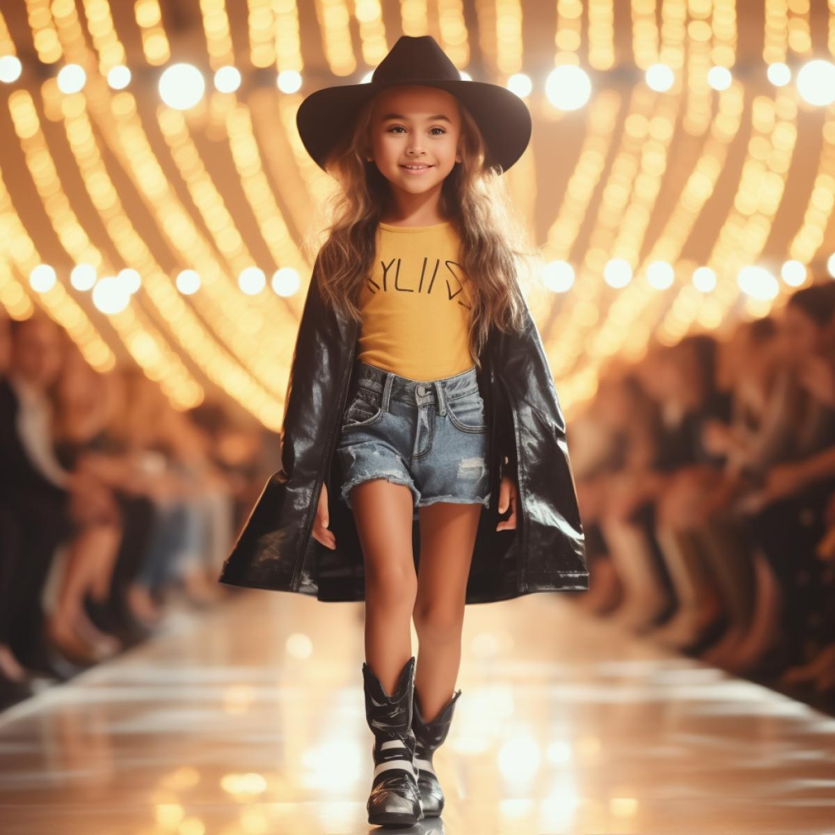 little girl top model, at a fashion show, on the catwalk, demonstrating bright unusual new fashion items, photographing from floor level, rows of spectators in the background, shooting from below