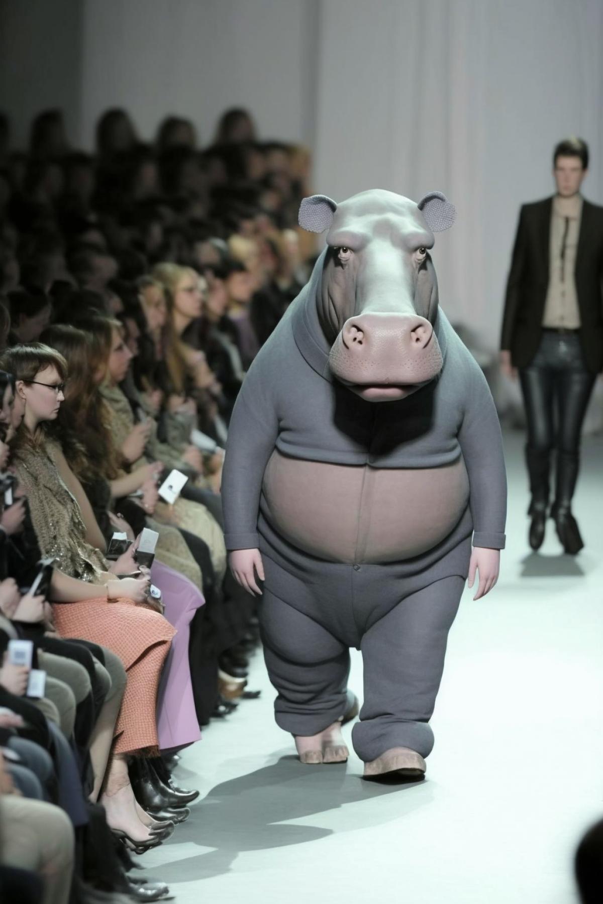 fashion show of anthropomorphic hippos