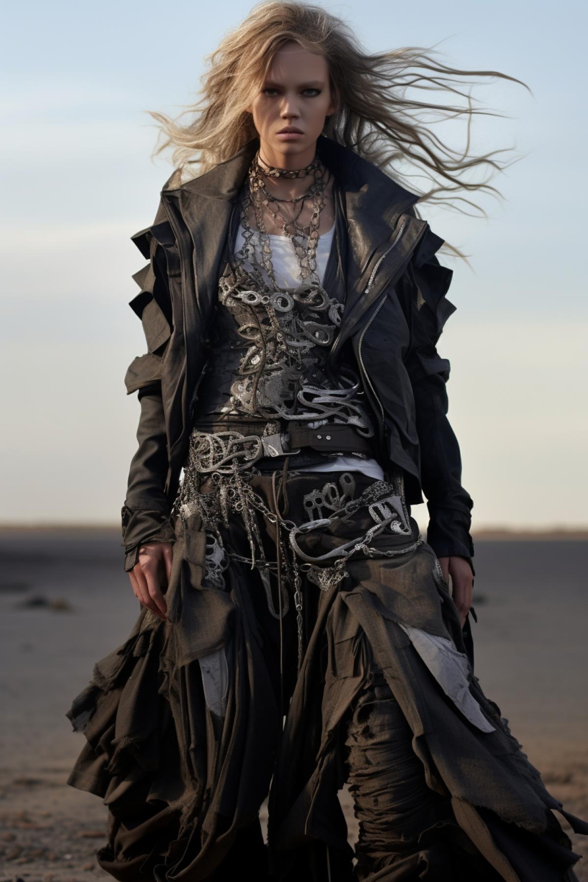 Post apocalyptic fashion style, abandoned world, top model, beautiful performance, design clothes, full body, extravagant, photorealistic, professional fashion photo, epic, dramatic, dynamic, Alexander McQueen