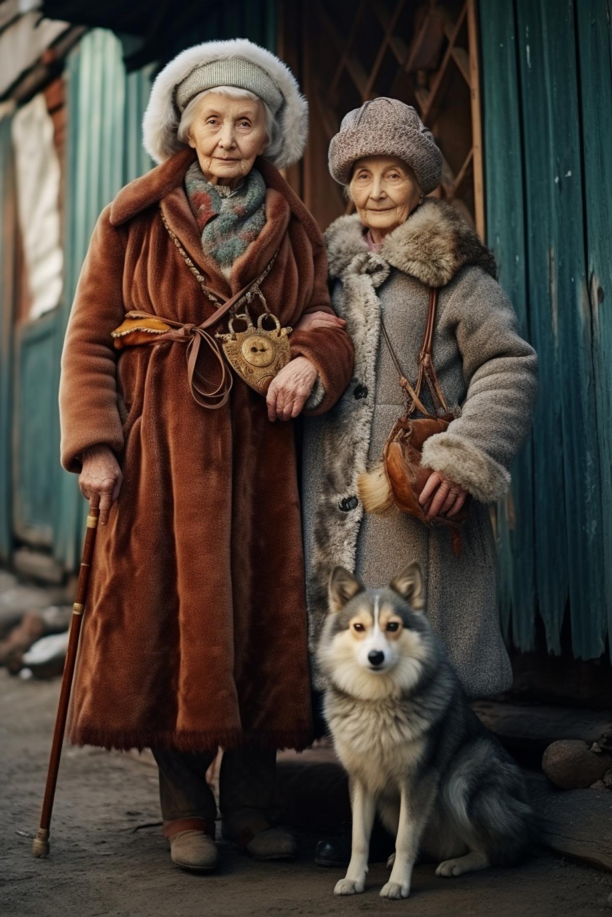 Fashion Russian grannies in Russian old dilapidated village, ussr style , design style for Collective farm, photorealistic, full body, professional fashion photo