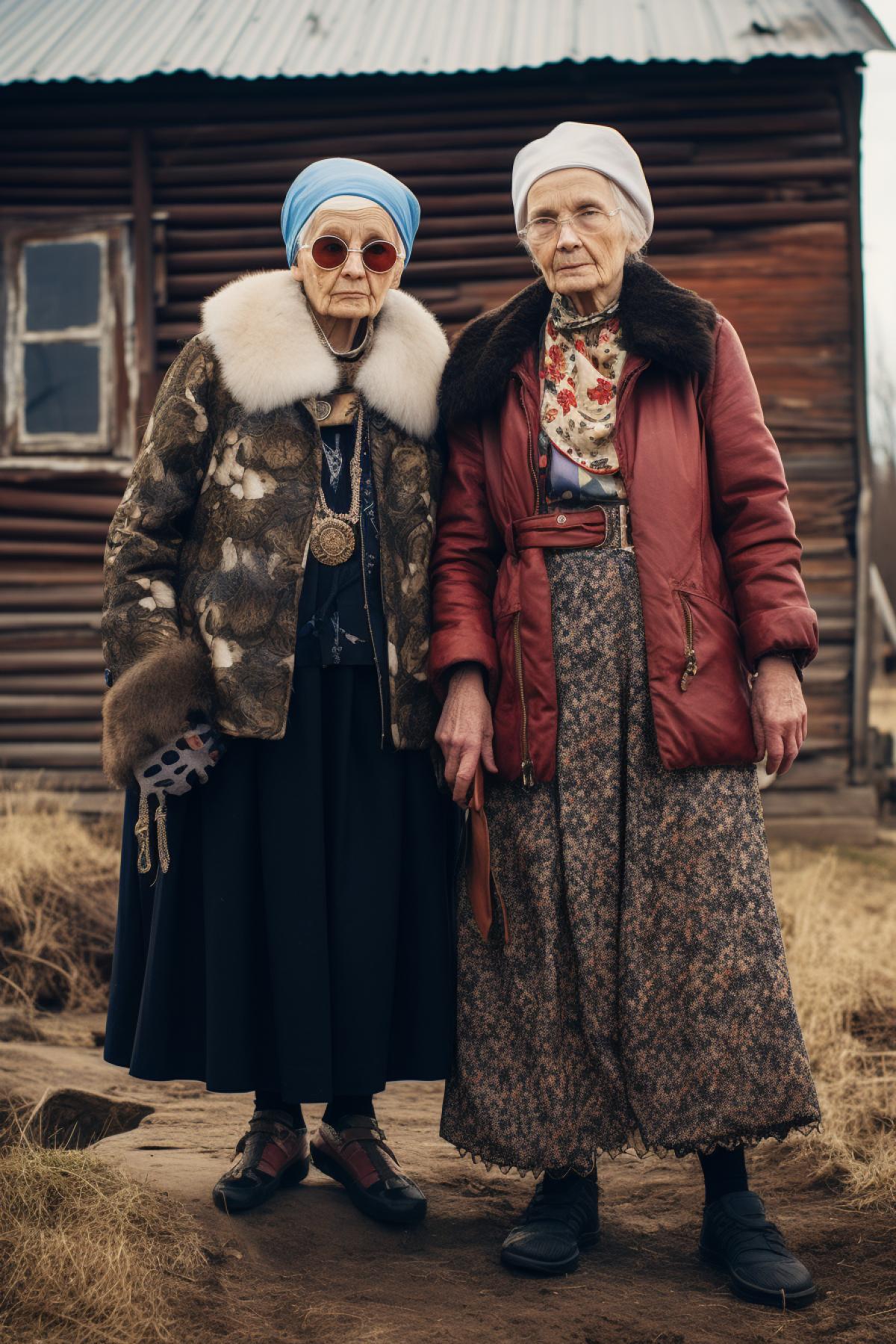 Fashion Russian grannies in Russian old dilapidated village, ussr style , design style for Collective farm, photorealistic, full body, professional fashion photo