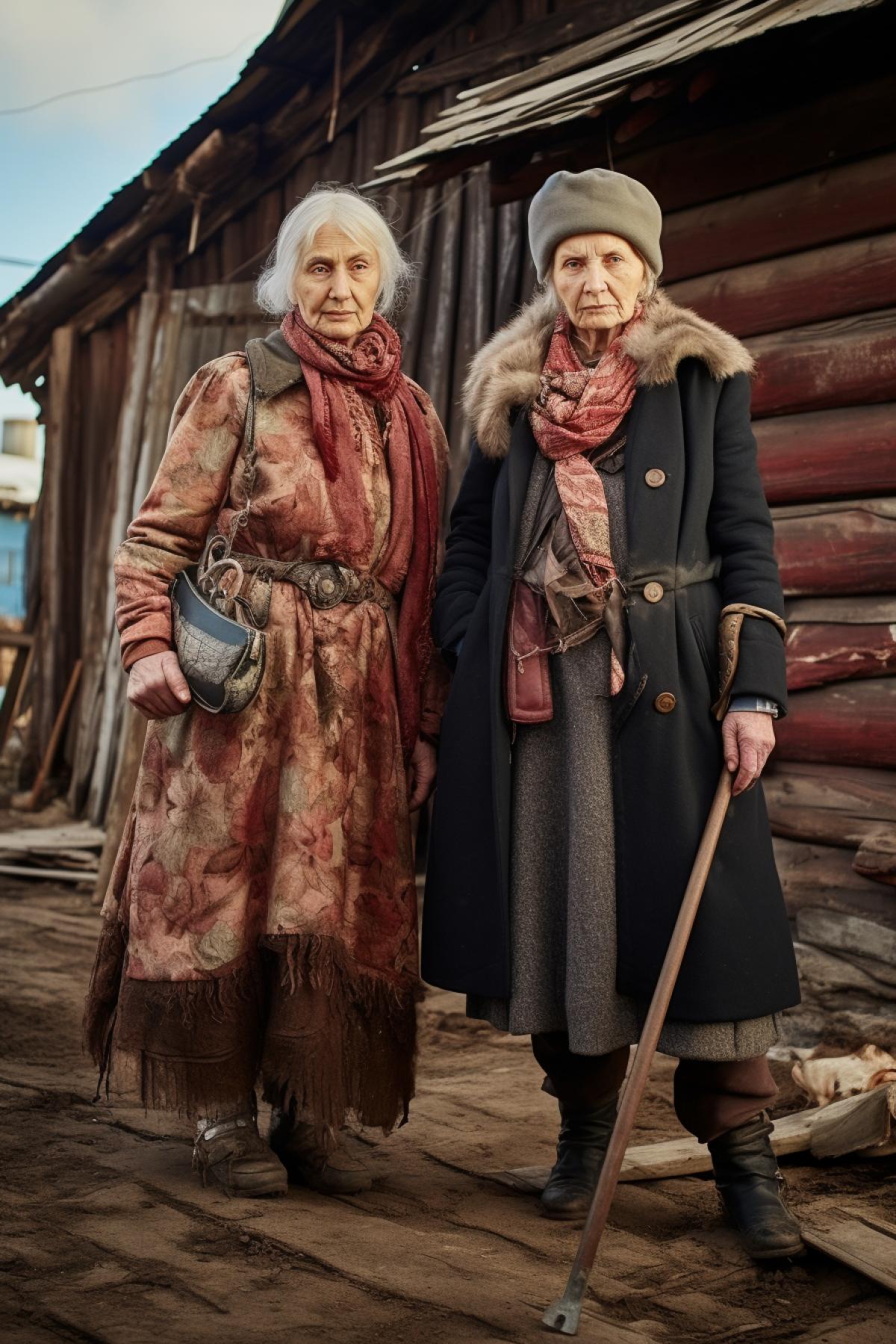 Fashion Russian grannies in Russian old dilapidated village, ussr style , design style for Collective farm, photorealistic, full body, professional fashion photo