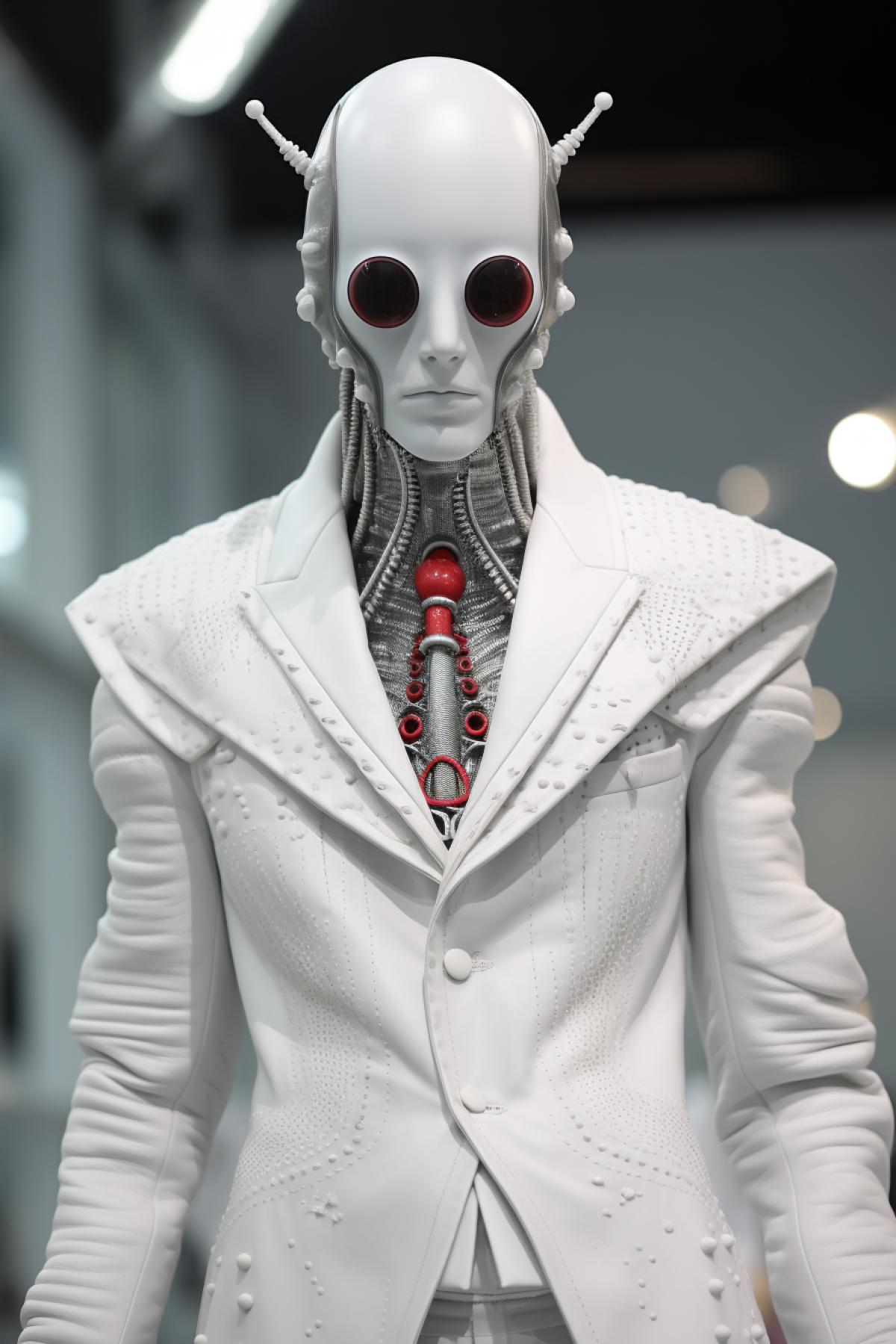 Aliens fashion style, top model, beautiful performance, design clothes, full body, extravagant, photorealistic, professional fashion photo, Thom Browne
