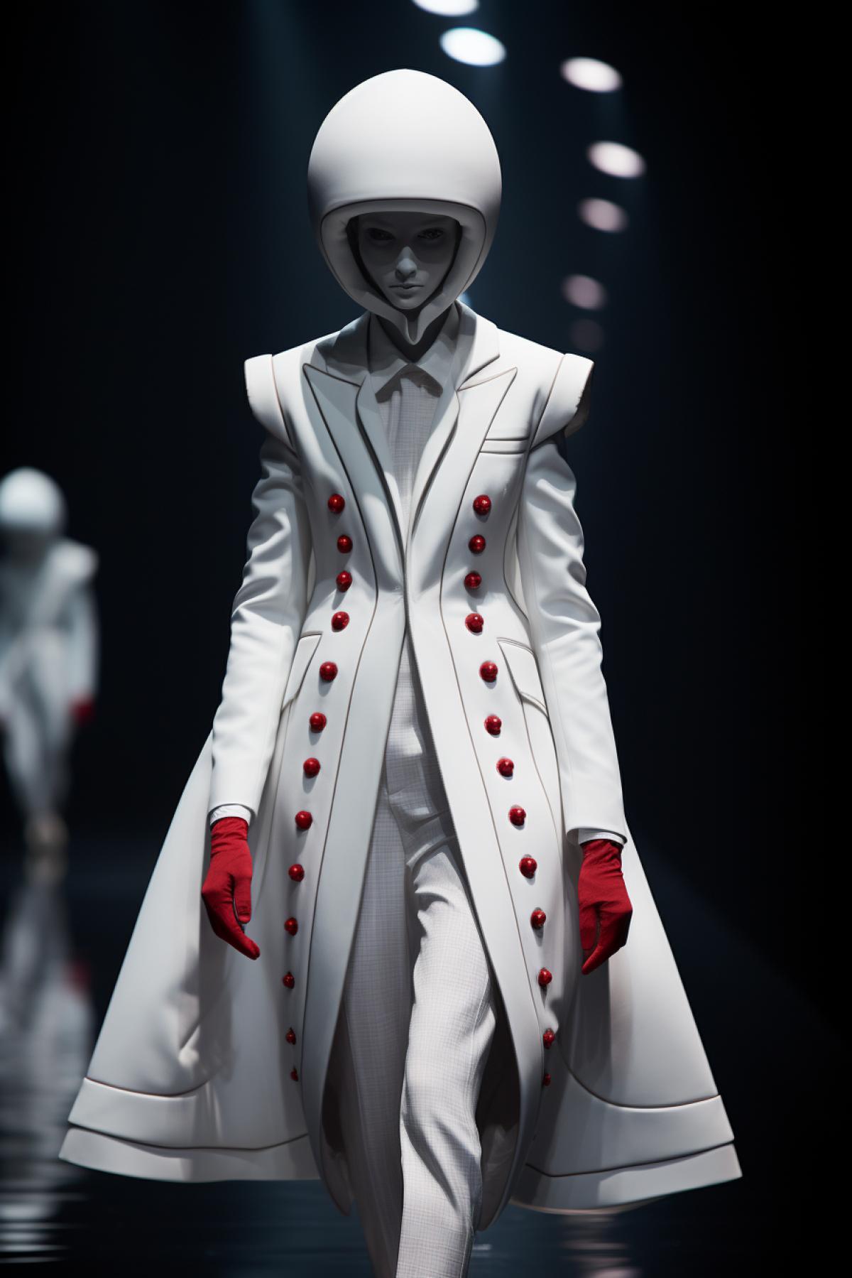 Aliens fashion style, ufos, top model, beautiful performance, design clothes, full body, extravagant, photorealistic, professional fashion photo, Thom Browne