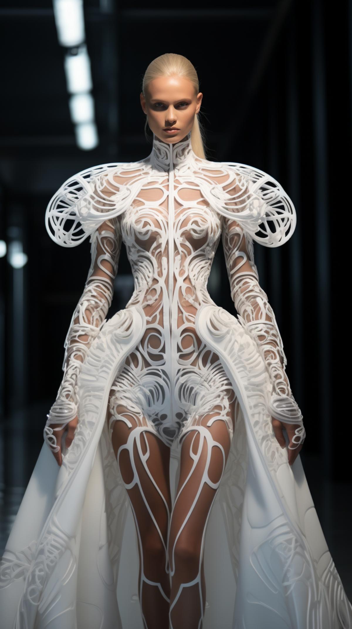 an experimental and love haute couture show, a top model in a futuristic dress, professional photography, ultra realistic, hyper details, 8k