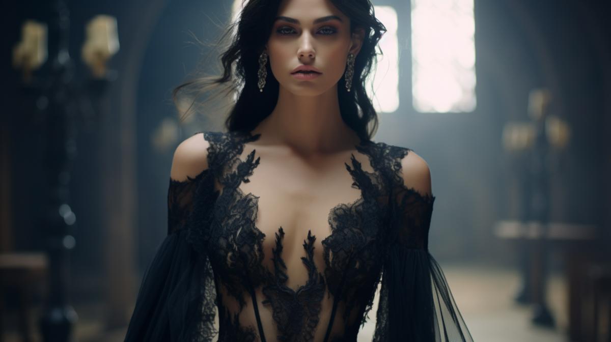 Top model on a haute couture 4k, close-up, Intricate detail, chiffon and lace dark dress, elegant clothing, in the style of angelcore, neo-victorian