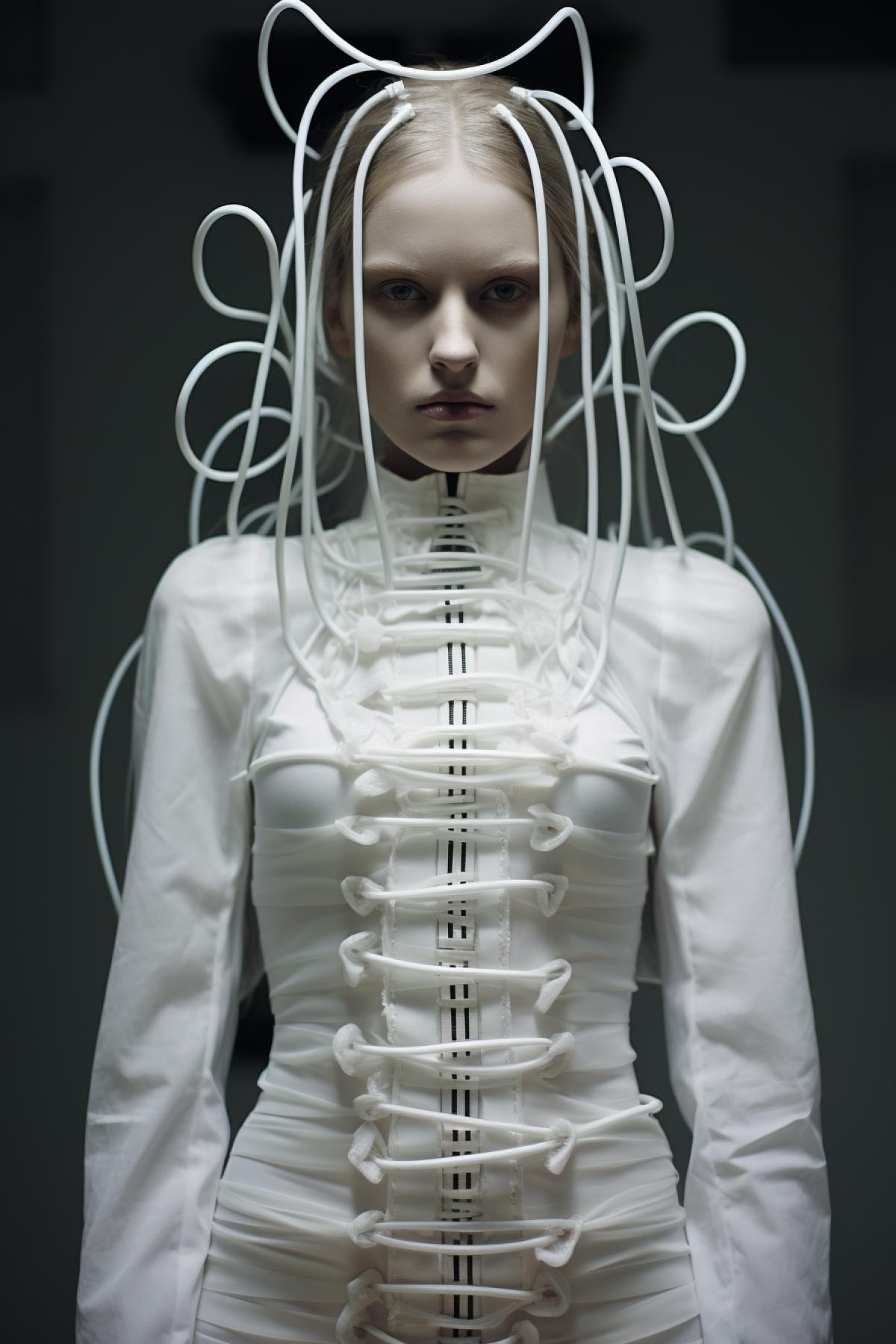 Mental creepy hospital fashion style, madwoman top model, schizophrenic, design straitjacket, full body, extravagant, photorealistic, professional fashion photo, epic, dramatic, dynamic, Martin Margiela
