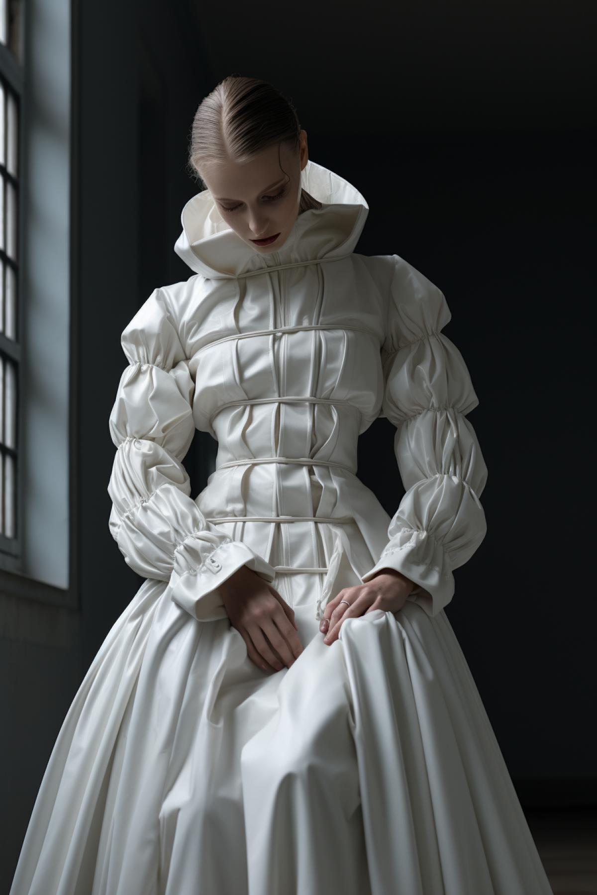 Mental creepy hospital fashion style, madwoman top model, schizophrenic, design straitjacket, full body, extravagant, photorealistic, professional fashion photo, epic, dramatic, dynamic, Martin Margiela