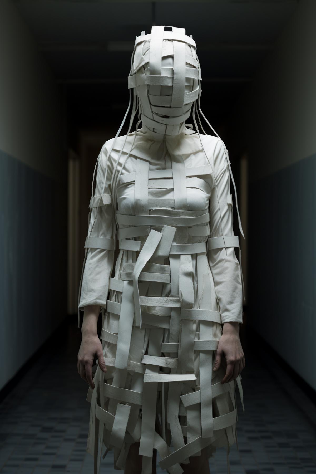 Mental creepy hospital fashion style, madwoman top model, schizophrenic, design straitjacket, full body, extravagant, photorealistic, professional fashion photo, epic, dramatic, dynamic, Martin Margiela
