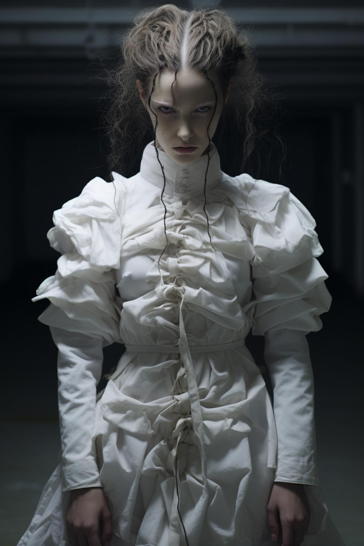 Mental creepy hospital fashion style, madwoman top model, schizophrenic, design straitjacket, full body, extravagant, photorealistic, professional fashion photo, epic, dramatic, dynamic, Martin Margiela
