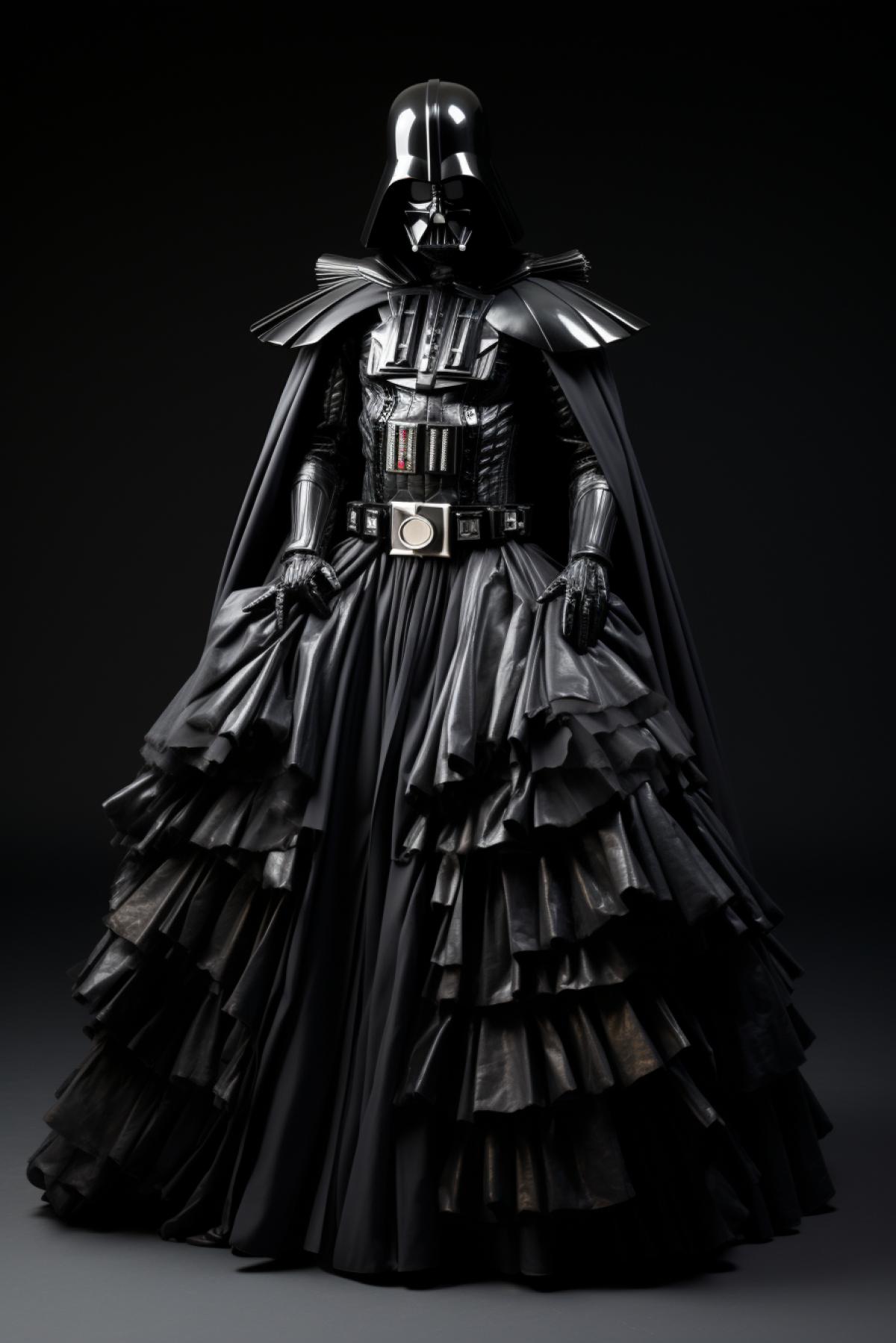 Darth Vader fashion style, Star Wars, top model, full body, extravagant, photorealistic, professional fashion photo, epic, dramatic, dynamic, Junya Watanabe