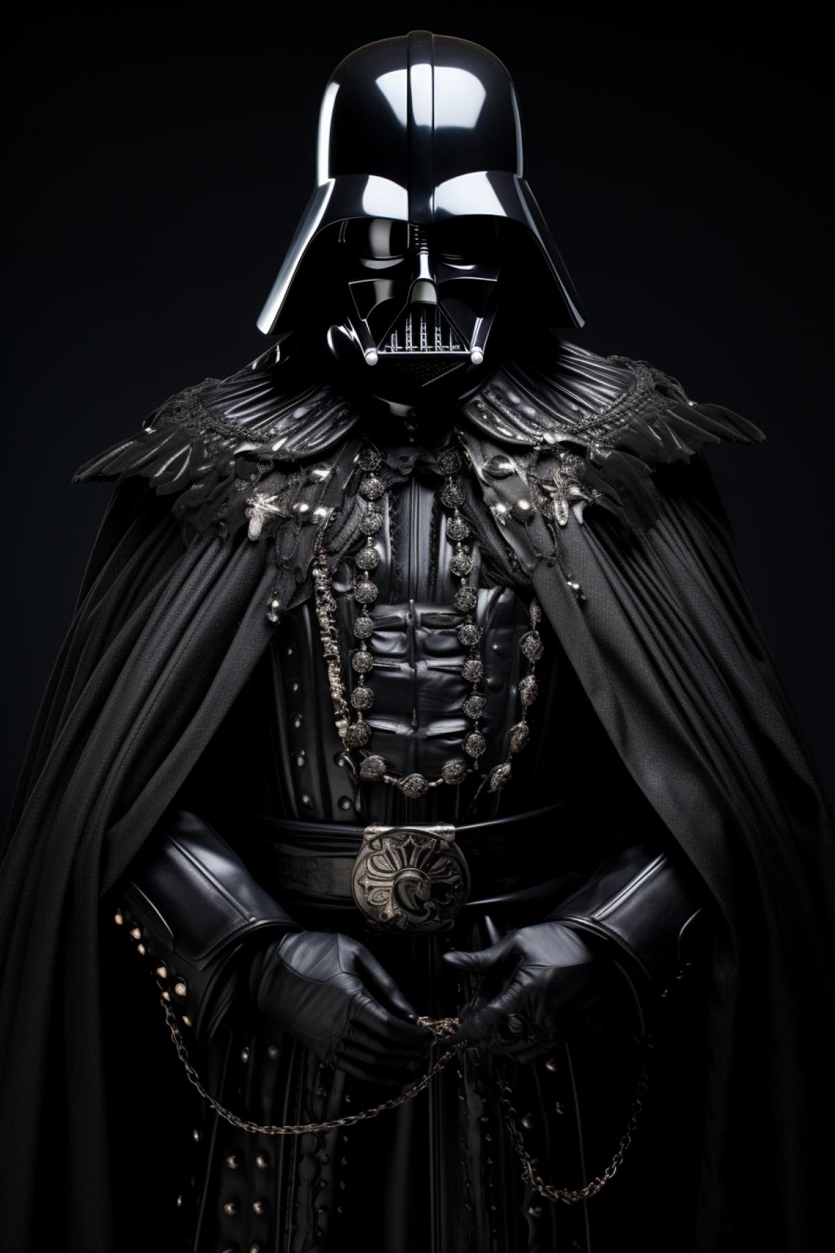 Darth Vader fashion style, Star Wars, top model, full body, extravagant, photorealistic, professional fashion photo, epic, dramatic, dynamic, Junya Watanabe