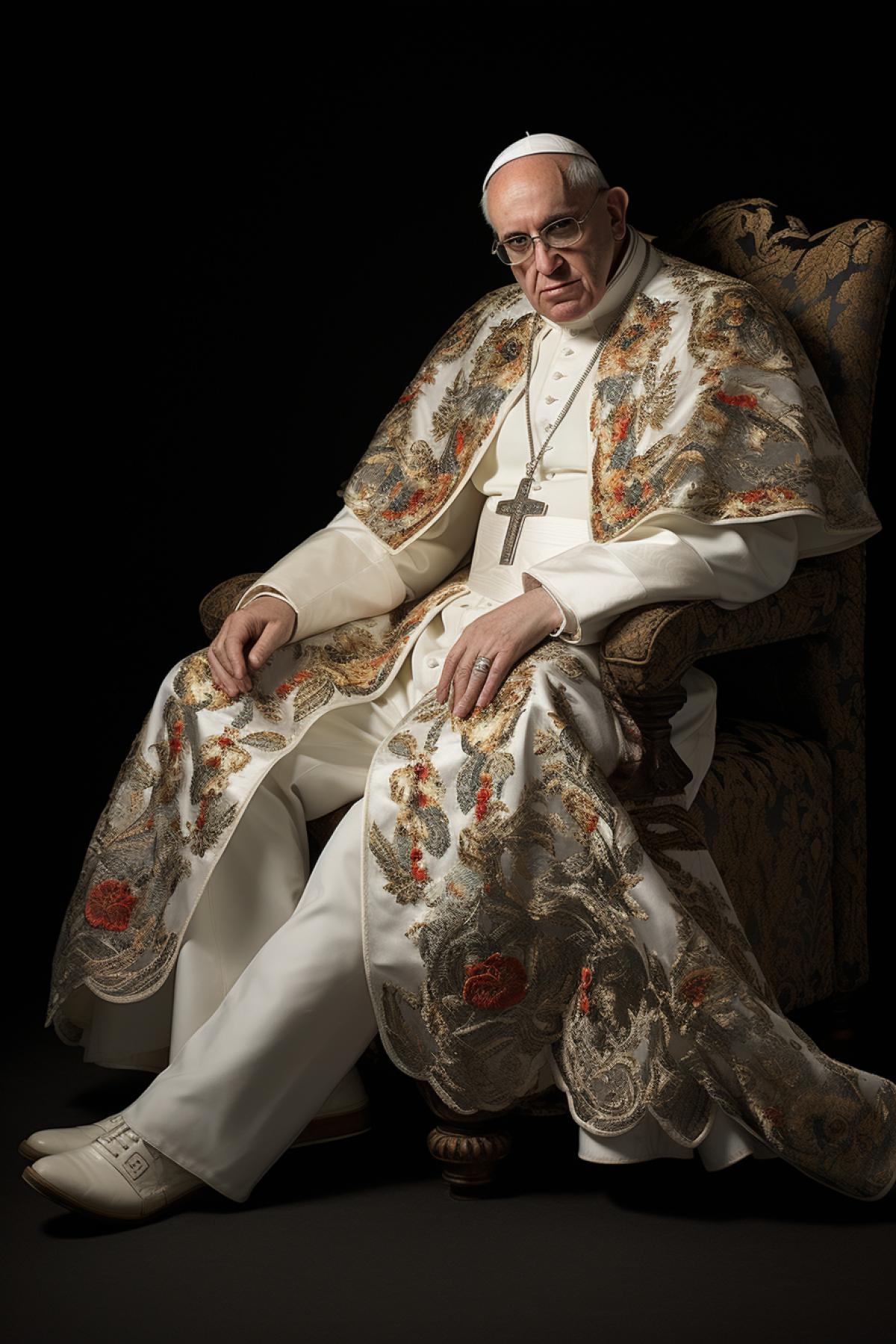 The pope Franciscus fashion style, full body, extravagant, photorealistic, professional fashion photo, epic, dramatic, dynamic, Dolce Gabbana
