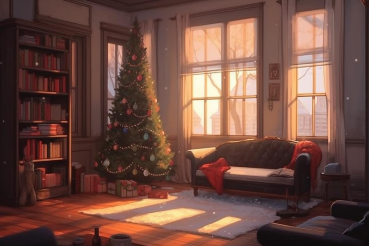A cozy house, a fireplace, a Christmas tree, a crowd of cute cats reading a book, so cozy!