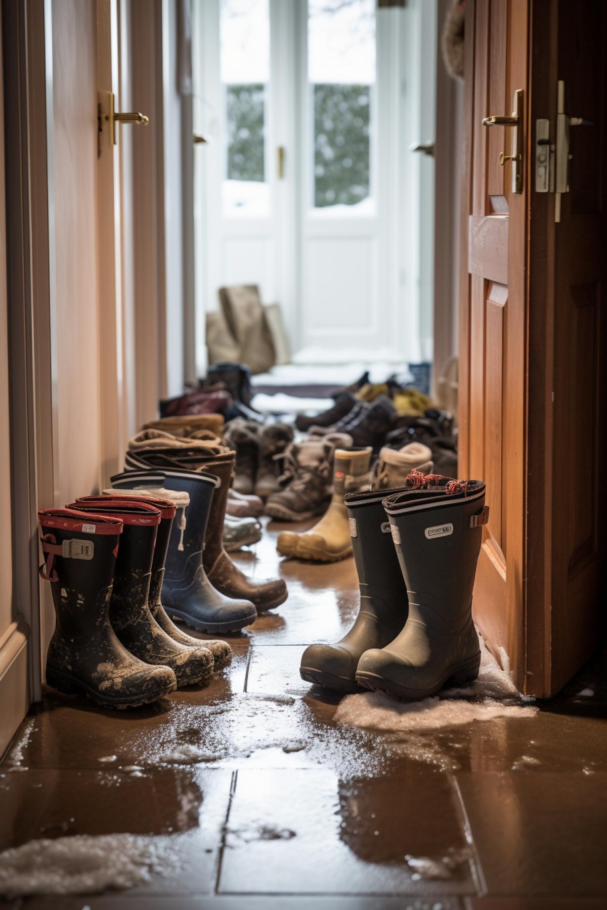 Plenty of winter footwear in hallway of cosy home wet of melting snow