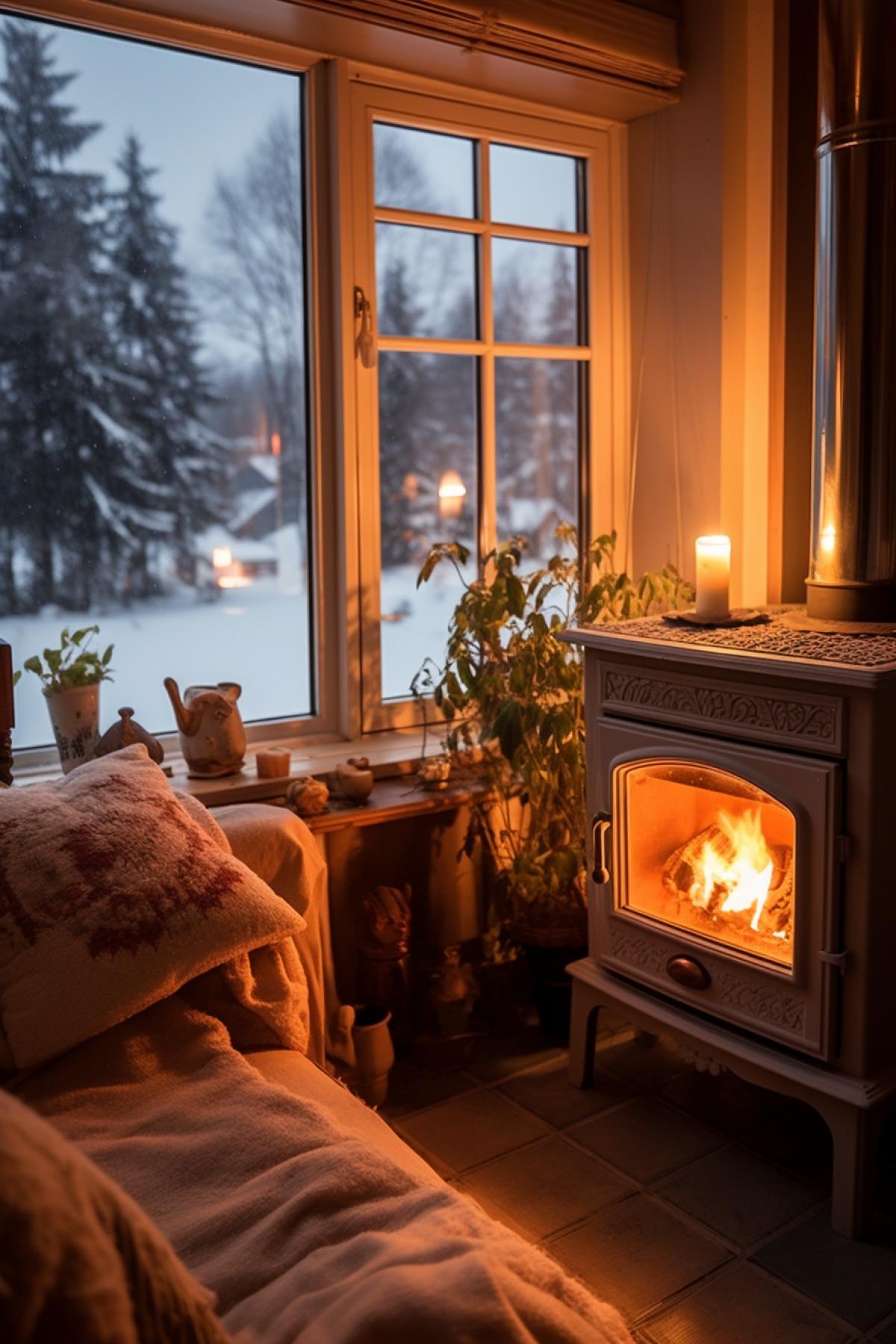 Cosy suburban home cosy interior big wood-burning stove winter snowing behind small windows with curtains