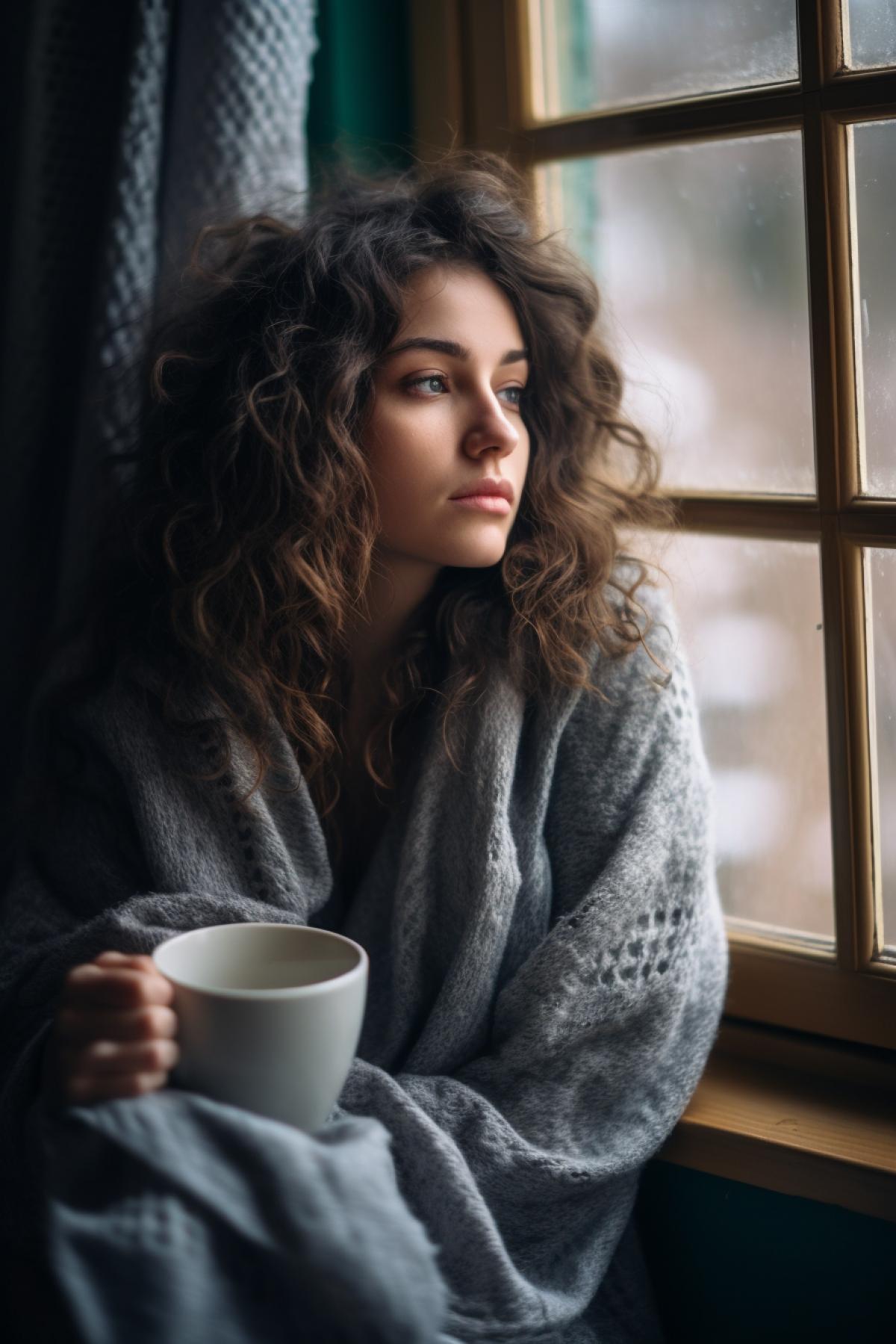 shes cold sitting at home on gloomy winter day muffing in plaid with big mug of hot tea in hand looking out of the frozen window