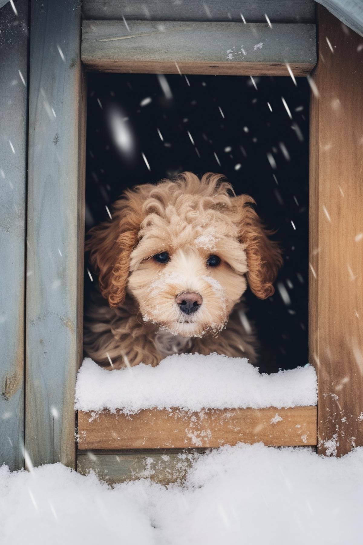 Fluffy sad dog is cold sitting in his doghouse cabin looking out at the snowy winter outside