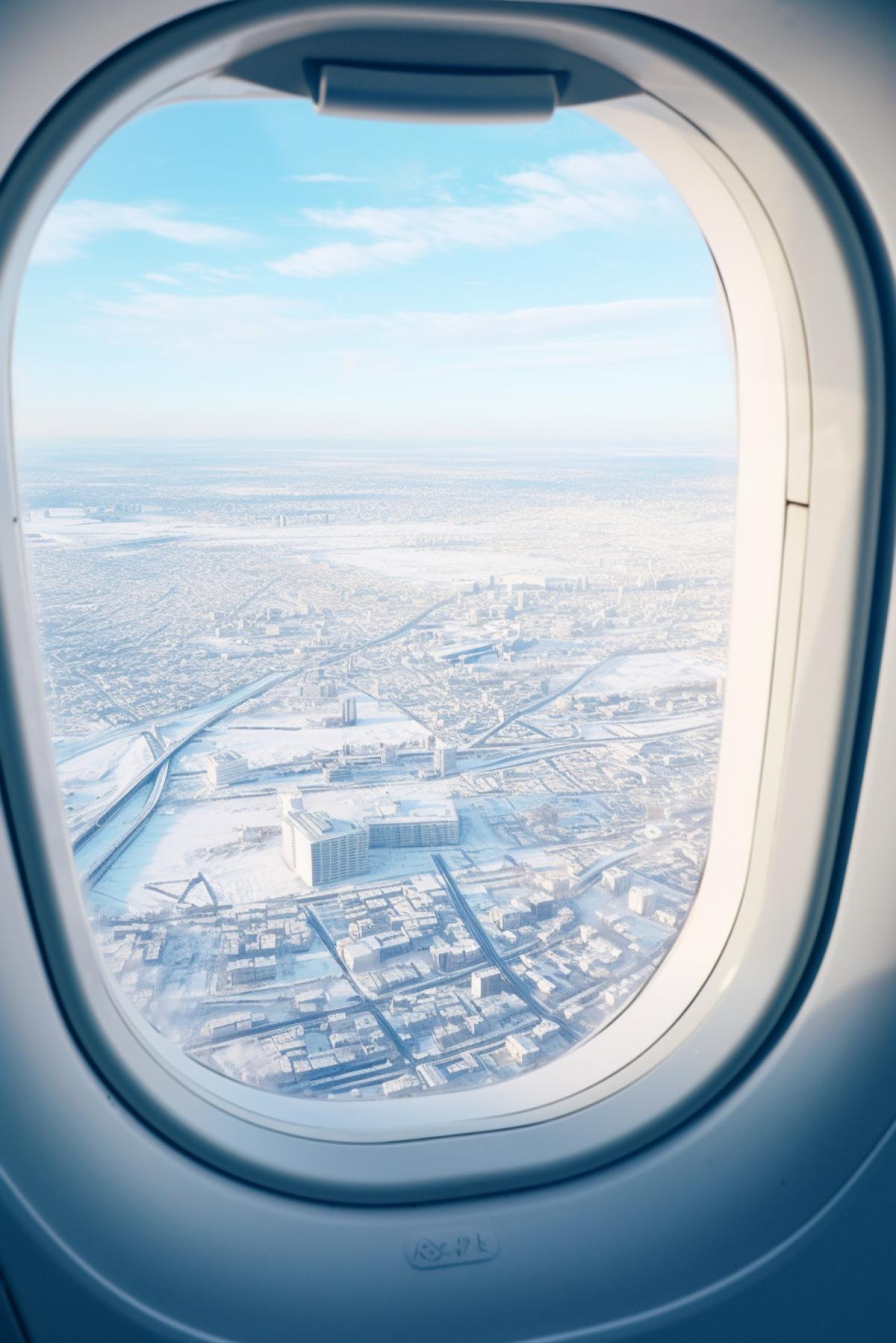 Winter snowy city behind the window of aircraft low altitude