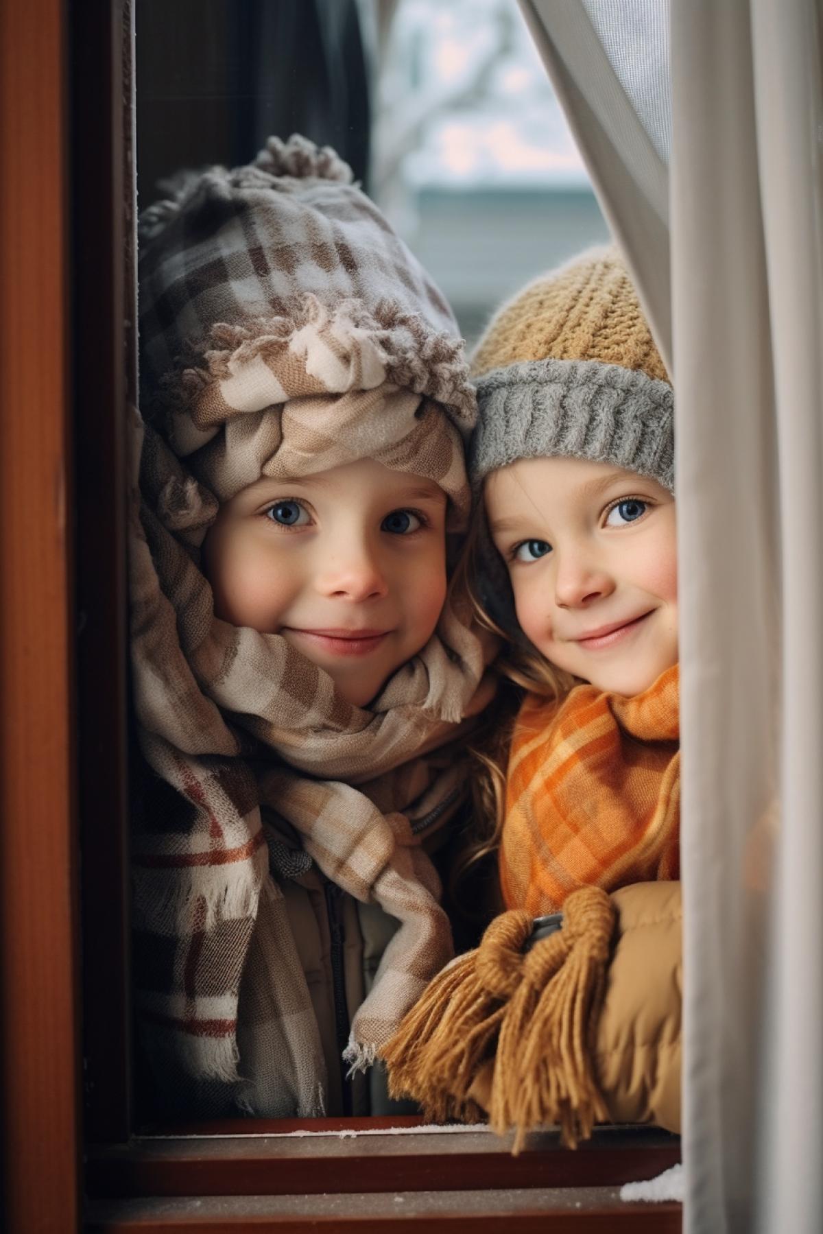 Little brother and sister at home are going to go out for a walk with kids sledges in hands warm overcoats and scarfs cold winter weather behind the window happiness