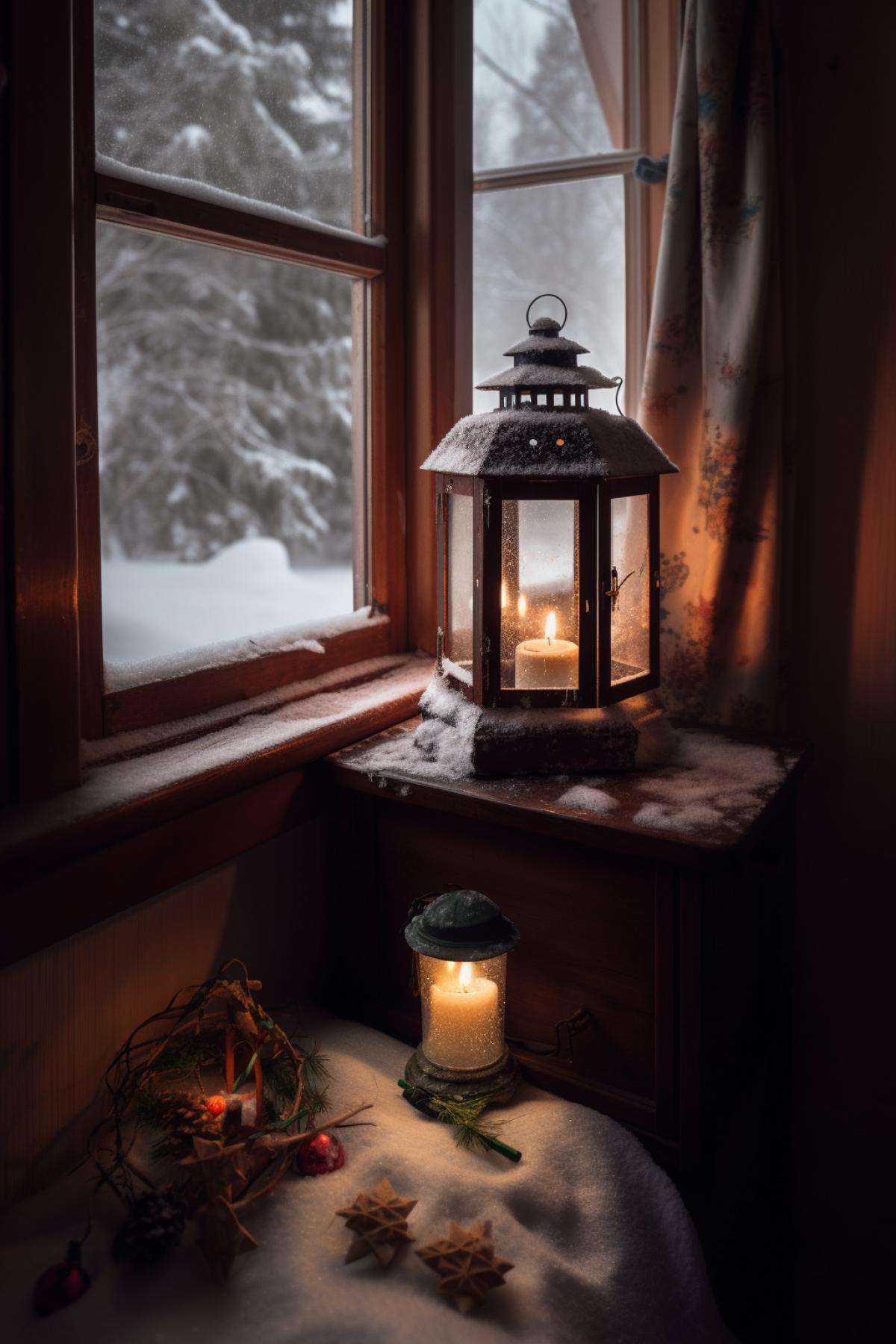 Winter outside the window, snow, lights, lantern