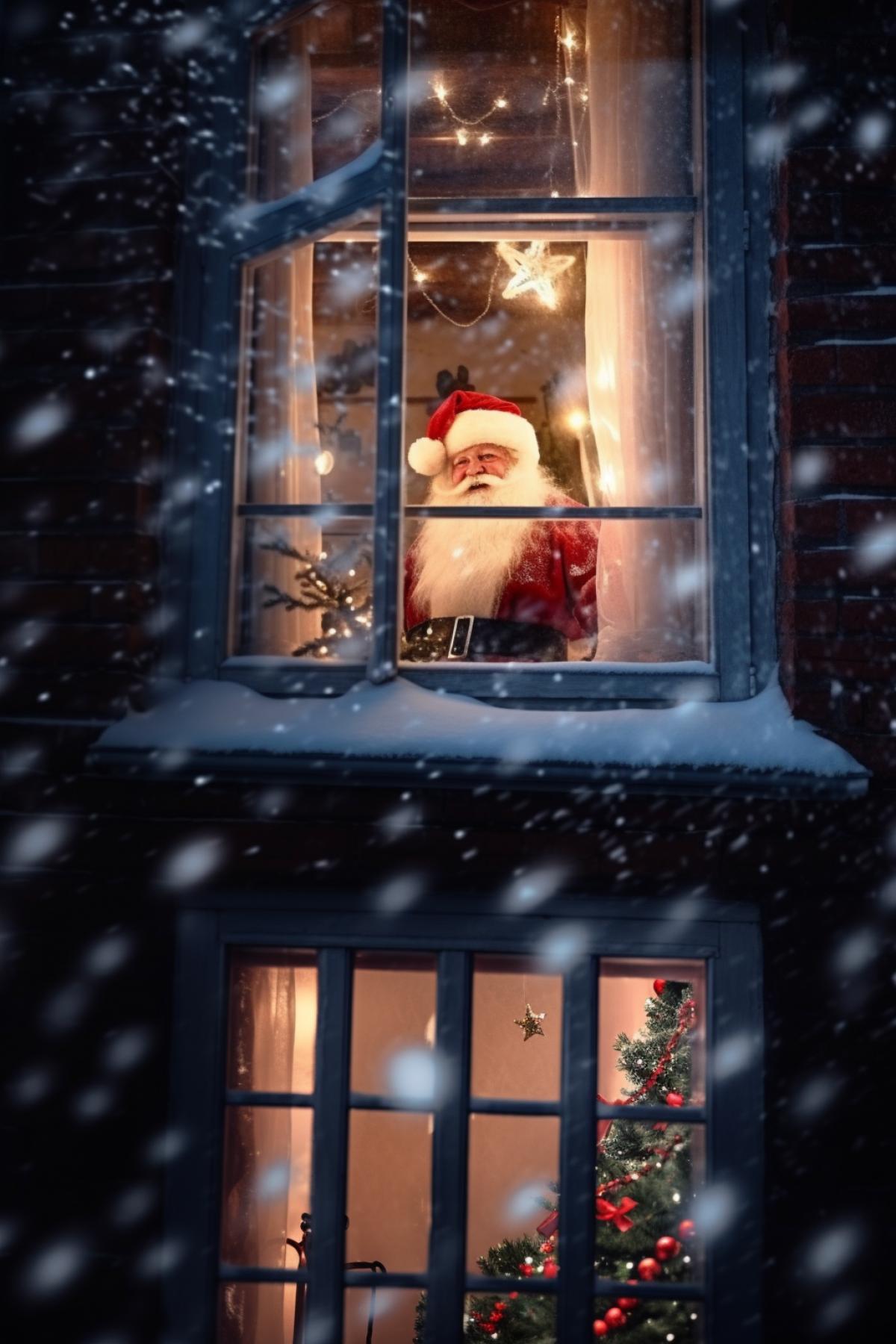 Santa Claus with gifts outside the window, winter, lights. Garlands