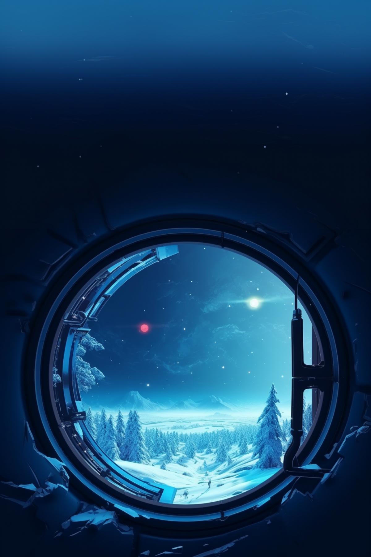 there is a planet outside the window of the spaceship. winter, lights