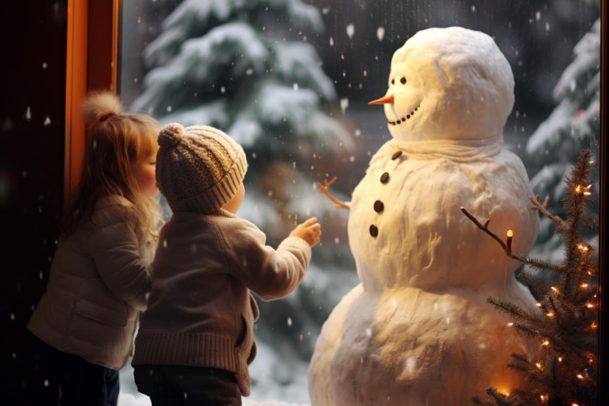 A look from the window of the room, outside the window children are making a snowman near the Christmas tree