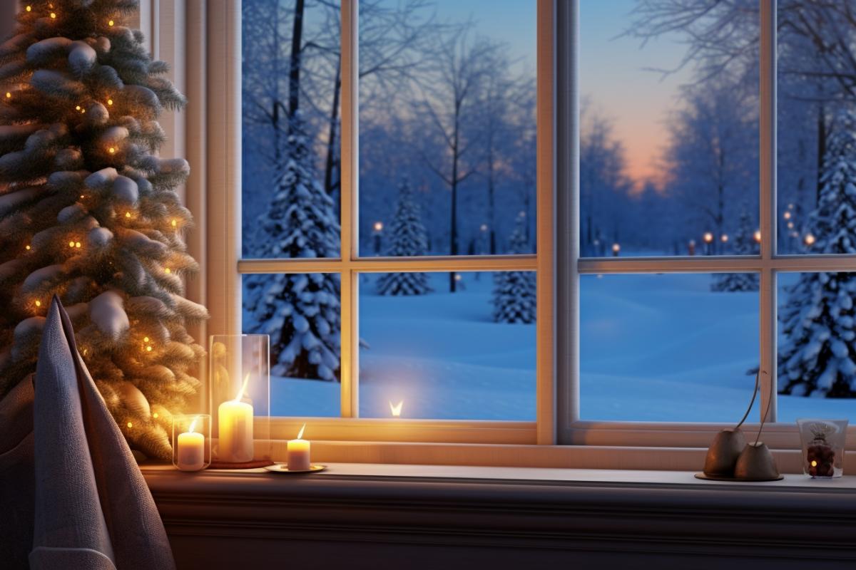 Window in a warm room, Winter Christmas landscape outside the window in the style of Thomas Kinkade, photo