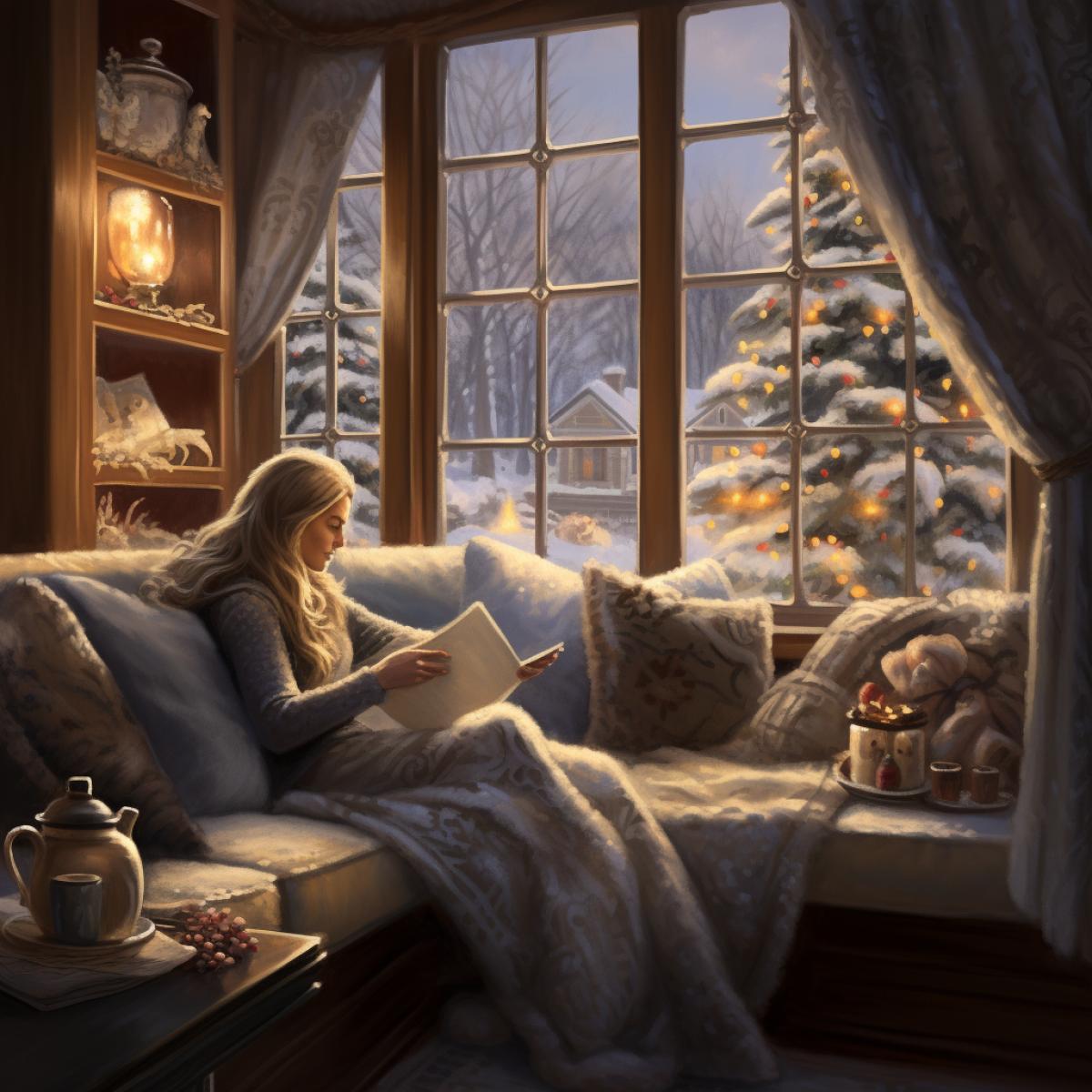 Through a frost-adorned window, a cozy living room glows with the warmth of a crackling fireplace. A person wrapped in a blanket reads a book, while outside, snowflakes gently cascade, creating a serene tableau of winter comfort