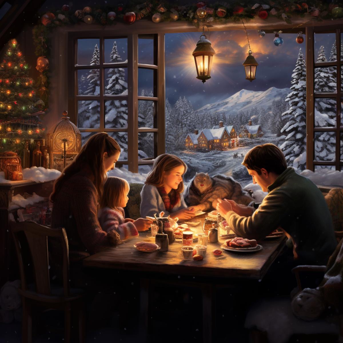 Within a charming cottage, a family gathers around a table adorned with a festive winter feast. Through the window, the snow-covered landscape sparkles under the moonlight, creating a scene of 4k togetherness and the joy of sharing winters embrace with loved ones, There is no snow inside the room