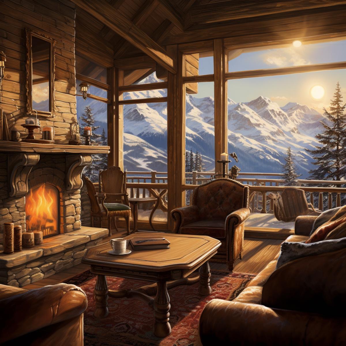 Inside a mountain cabin, a fireplace crackles, casting a golden hue across rustic furniture. Snowflakes dance outside the large picture window, framing a breathtaking view of snow-covered peaks. The scene invites you to bask in the simple joys of a winter retreat.
